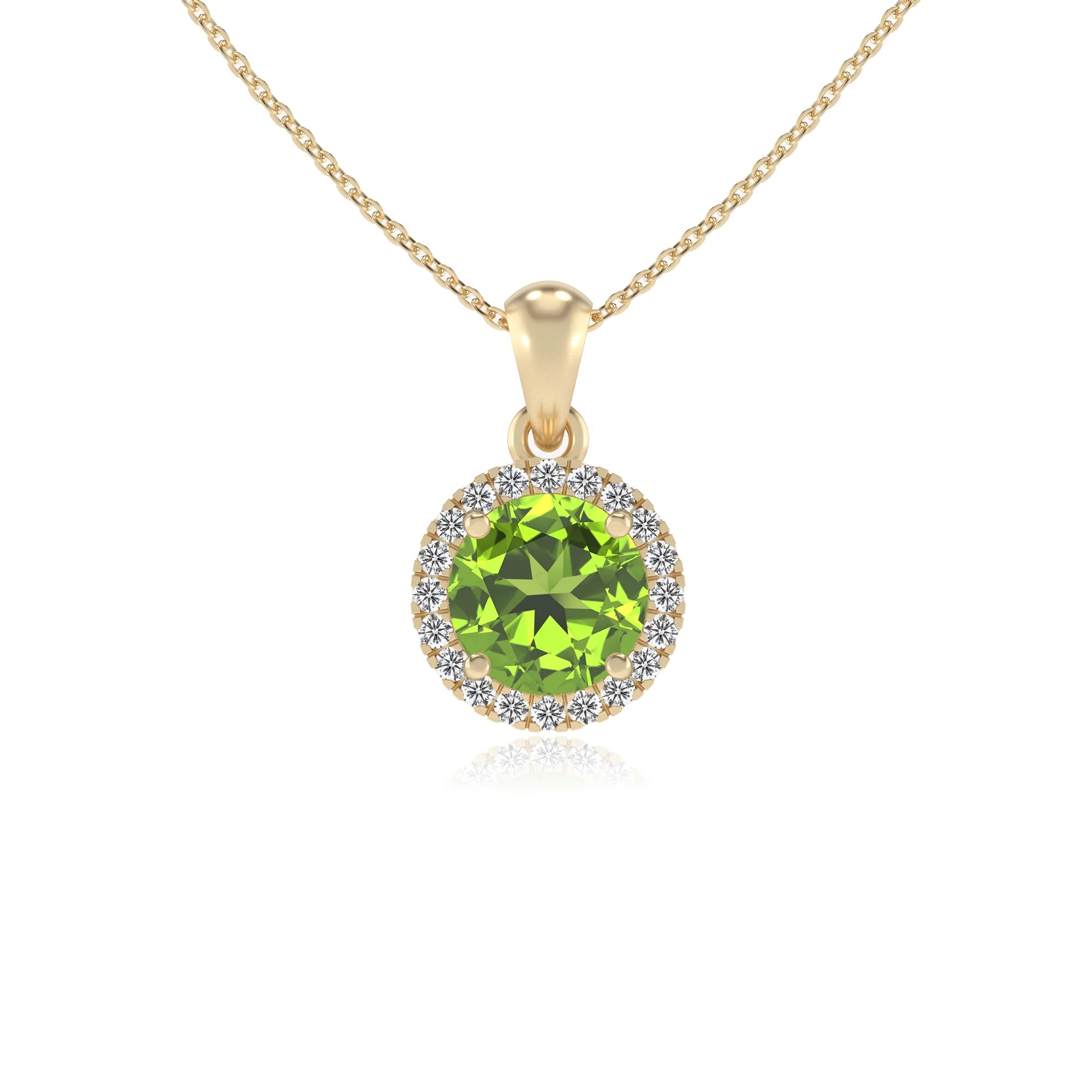 natural peridot round solitaire necklaces in yellow gold