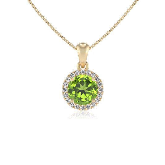 natural peridot round solitaire necklaces in yellow gold