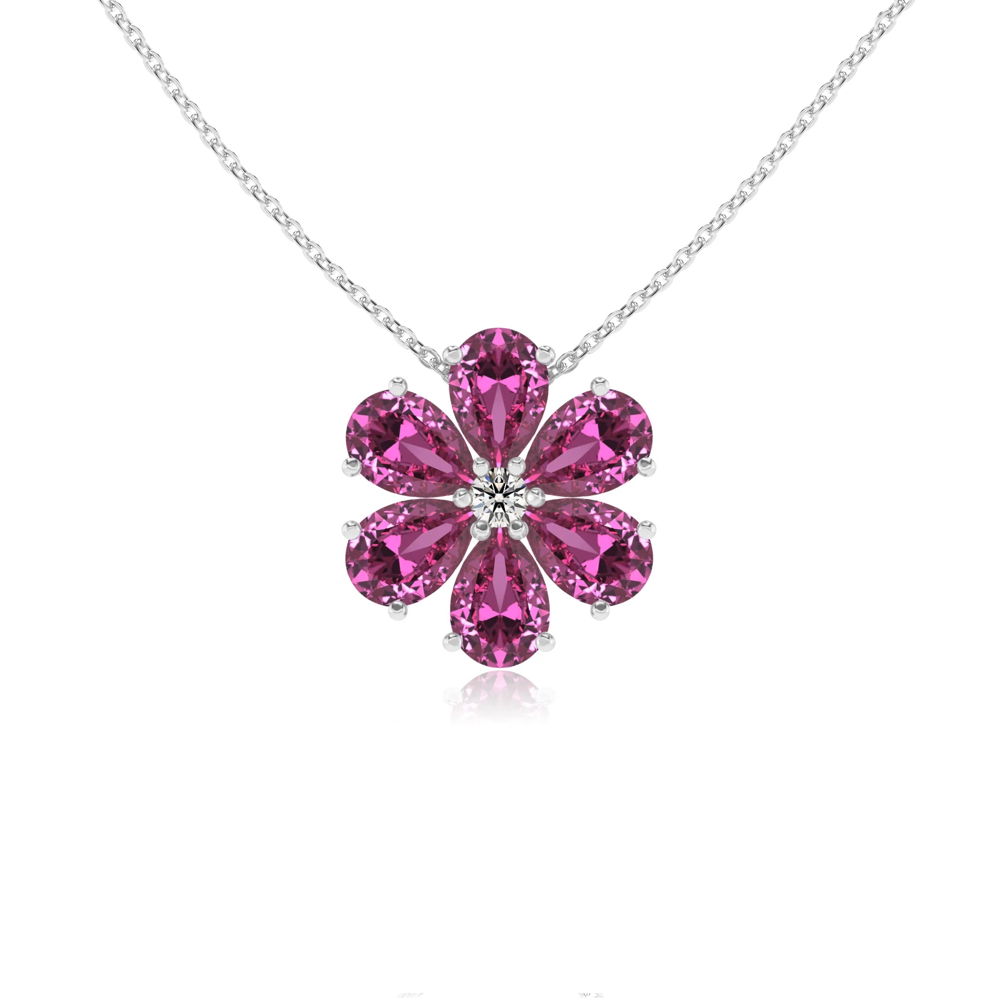 lab grown pink-sapphire pear solitaire necklaces in sterling silver