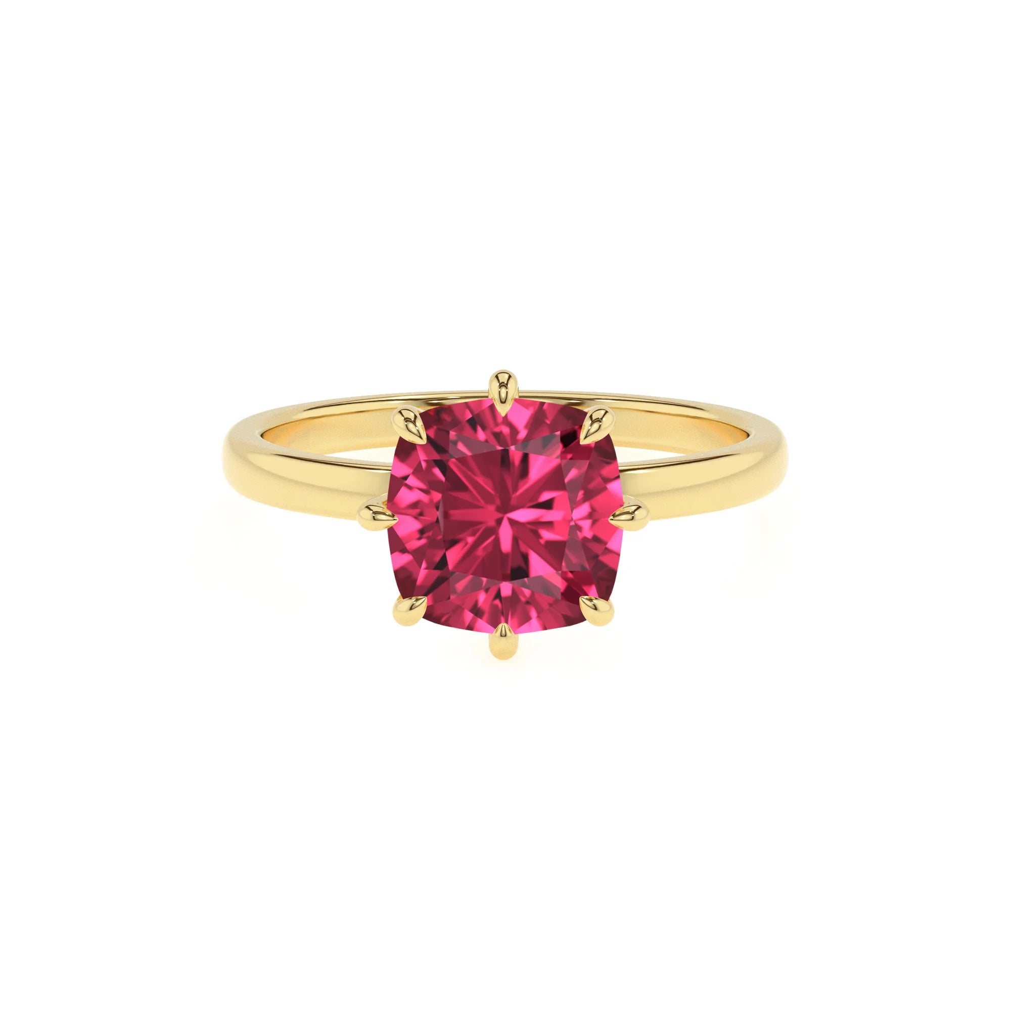lab grown pink-tourmaline cushion solitaire rings in yellow gold