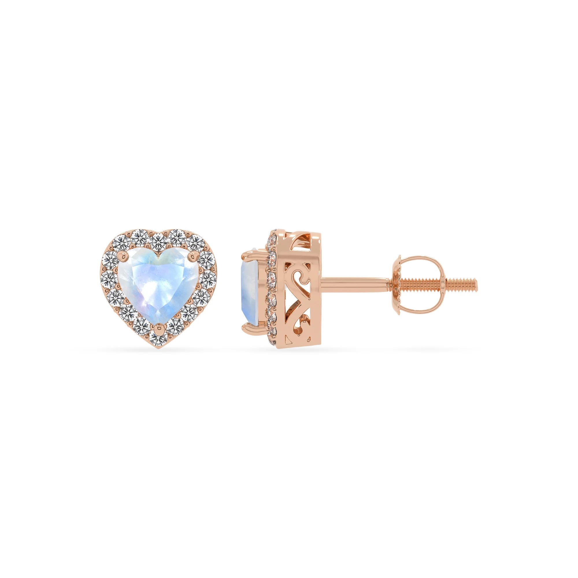 natural rainbow moonstone heart stud earrings in rose gold