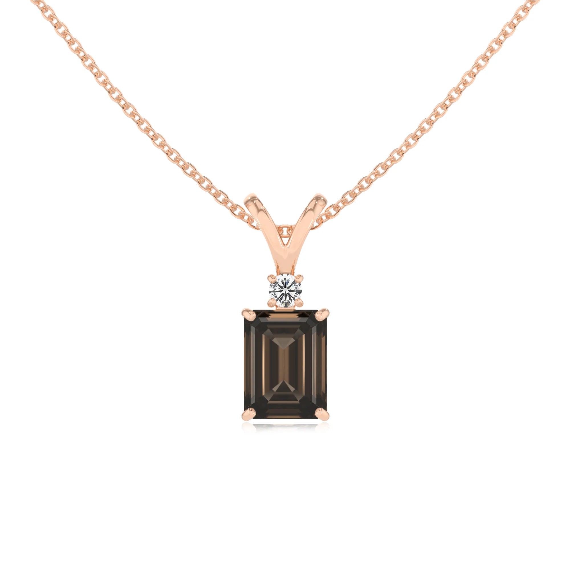 natural smoky-quartz emerald cut solitaire v-bale necklaces in rose gold