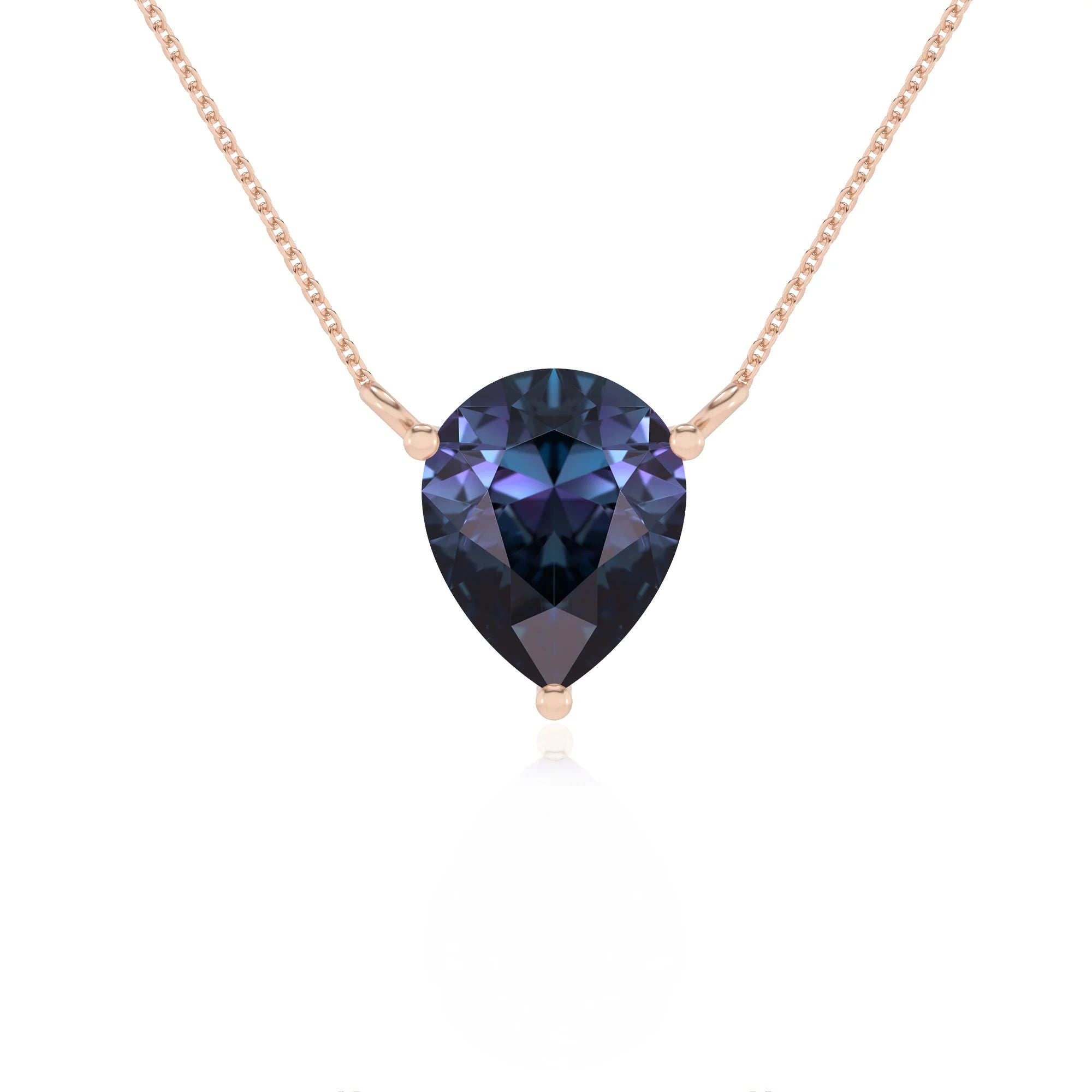 lab grown alexandrite pear solitaire necklaces in rose gold