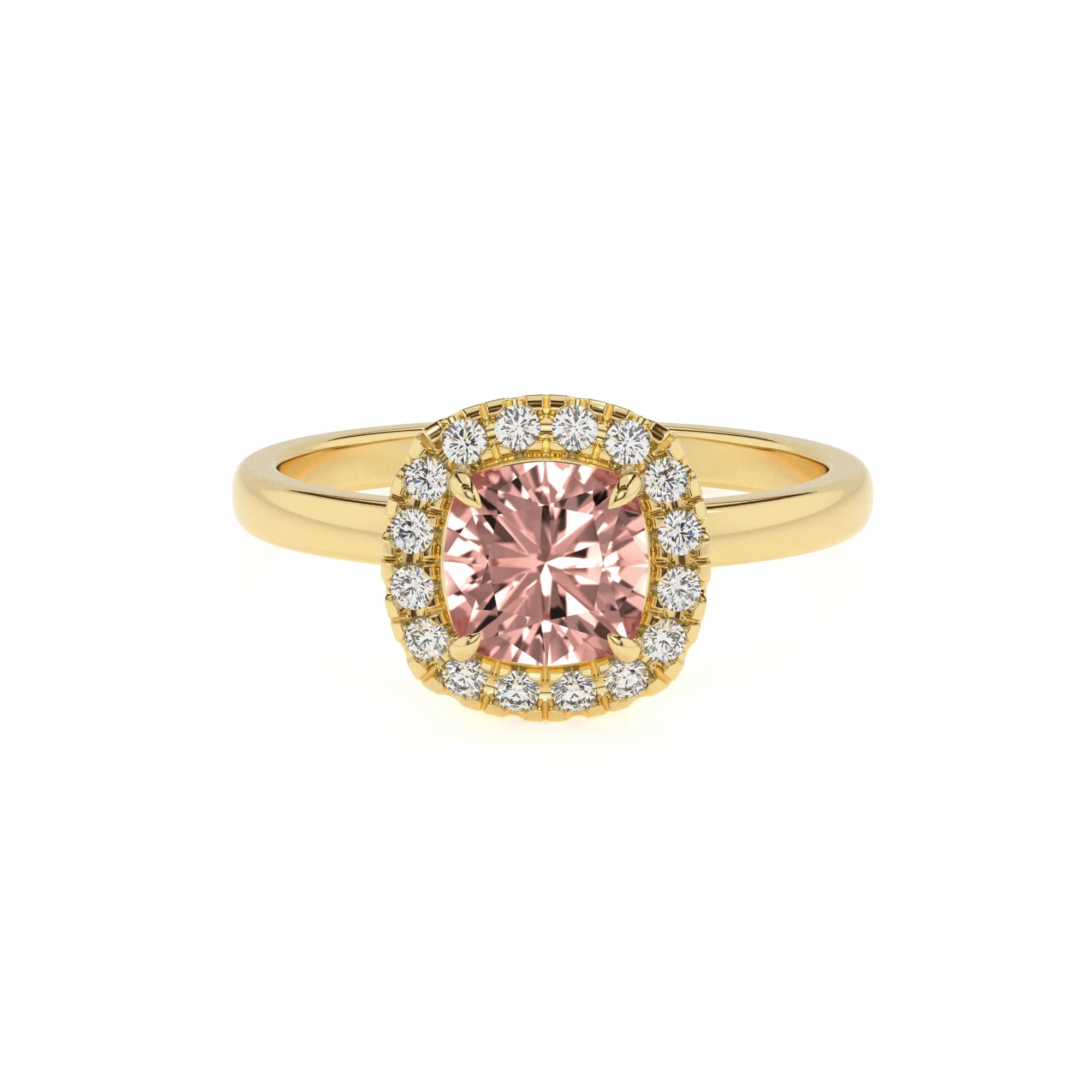 lab grown morganite cushion solitaire rings in yellow gold