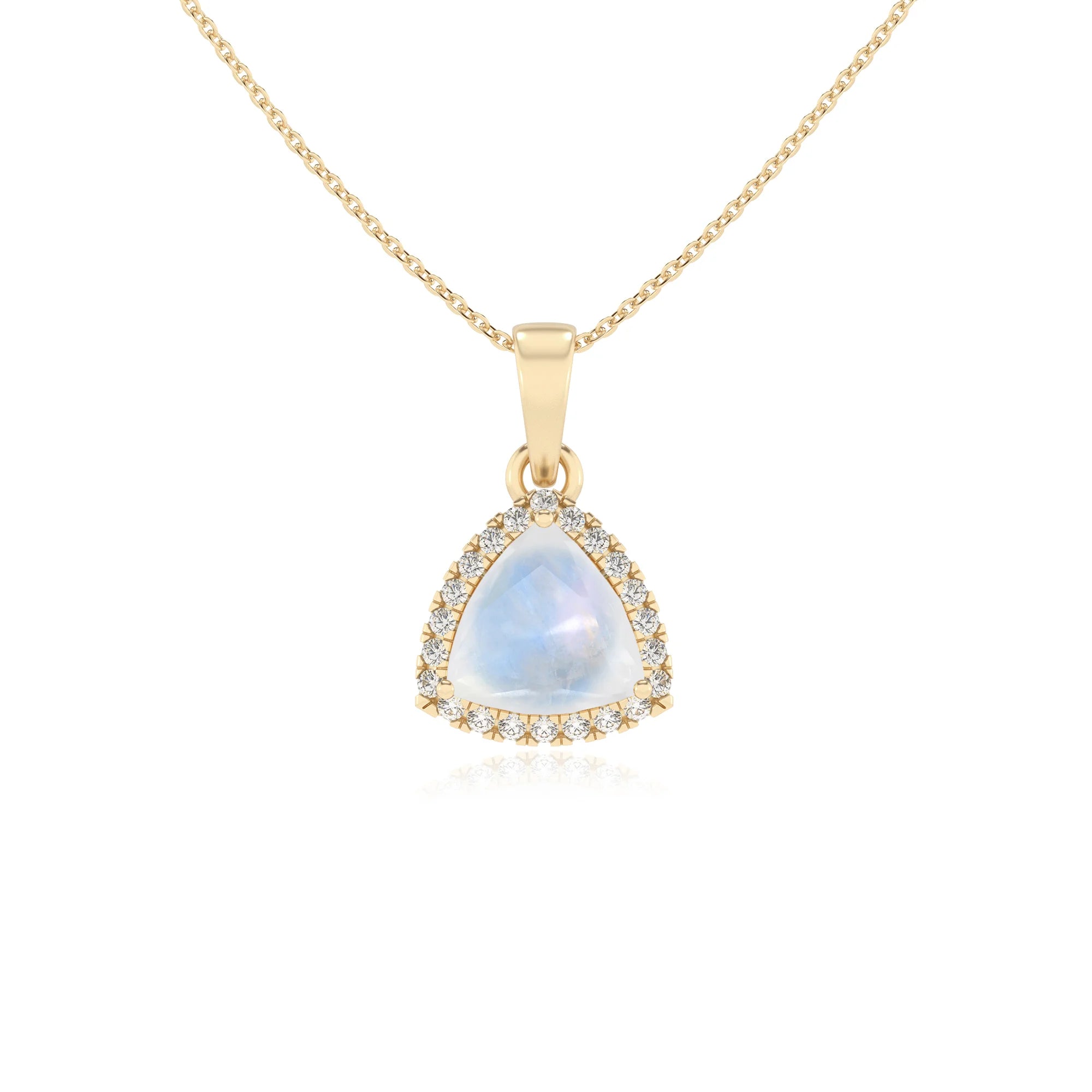 natural rainbow-moonstone trillion solitaire necklaces in yellow gold