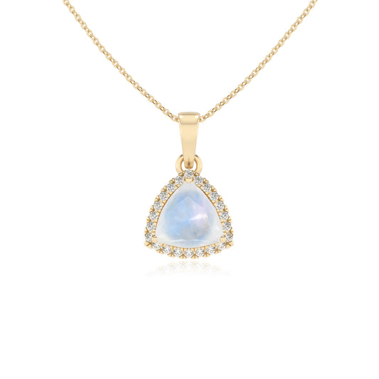 natural rainbow-moonstone trillion solitaire necklaces in yellow gold