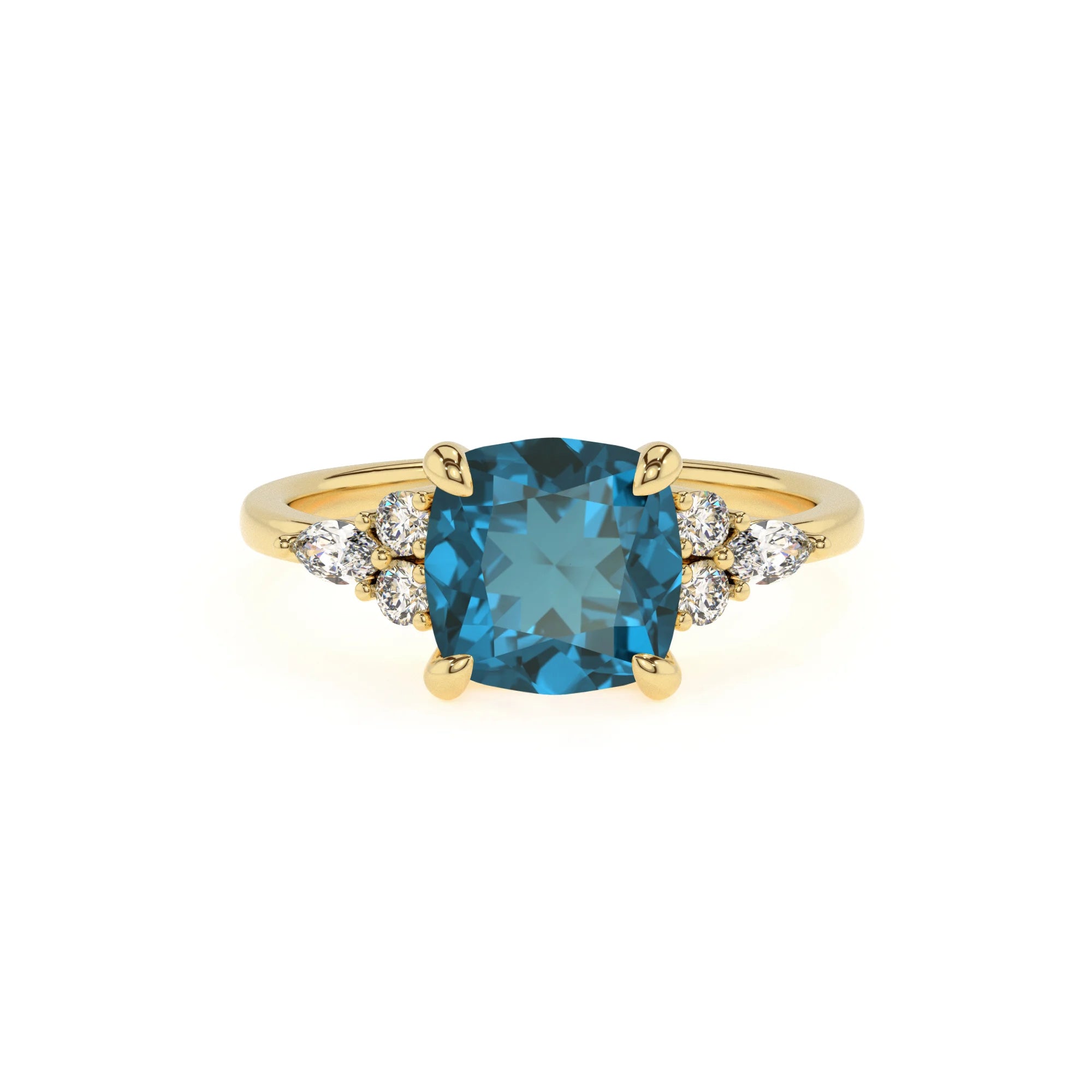 natural london-blue-topaz cushion solitaire rings in yellow gold