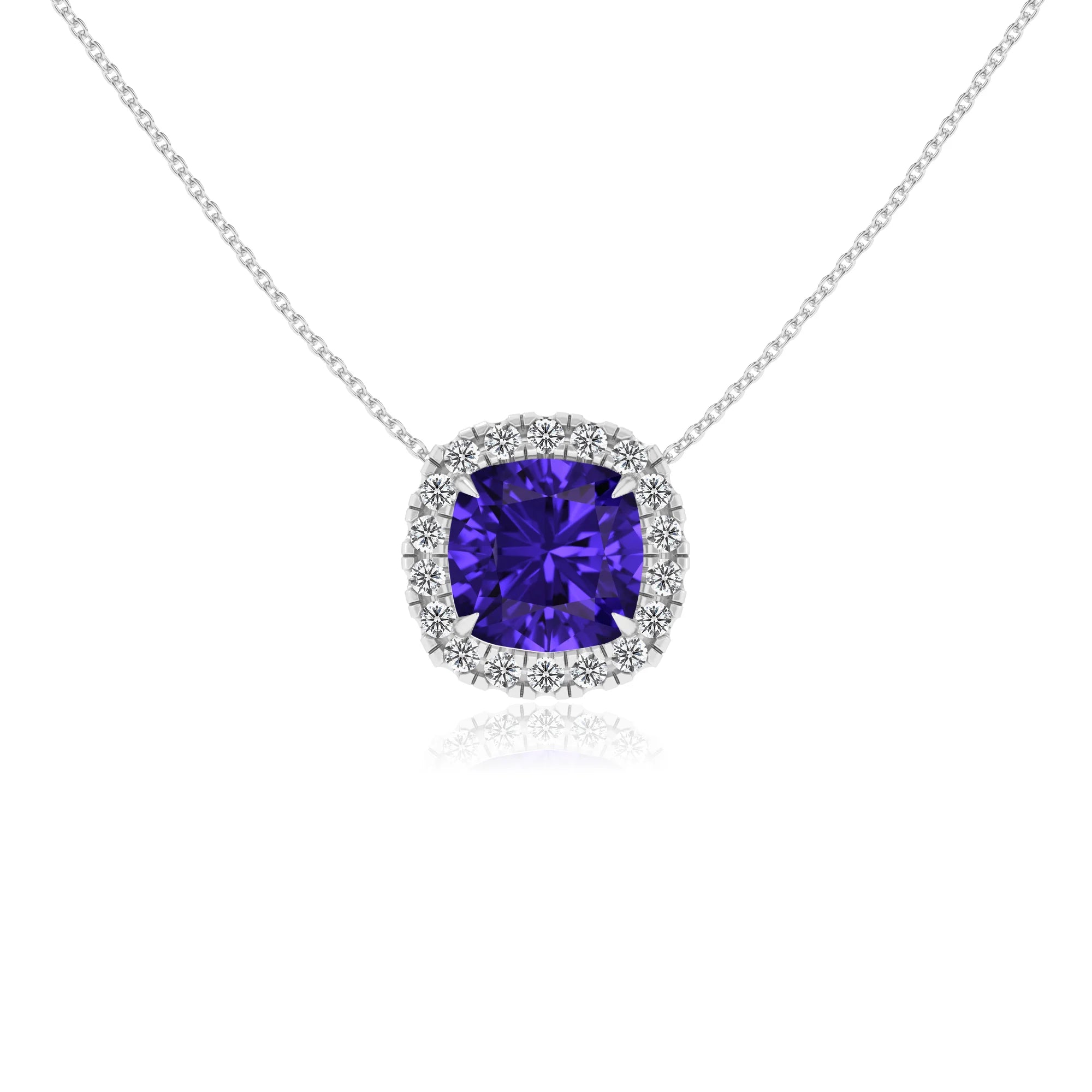 lab grown tanzanite cushion solitaire necklaces in platinum
