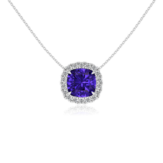 lab grown tanzanite cushion solitaire necklaces in platinum