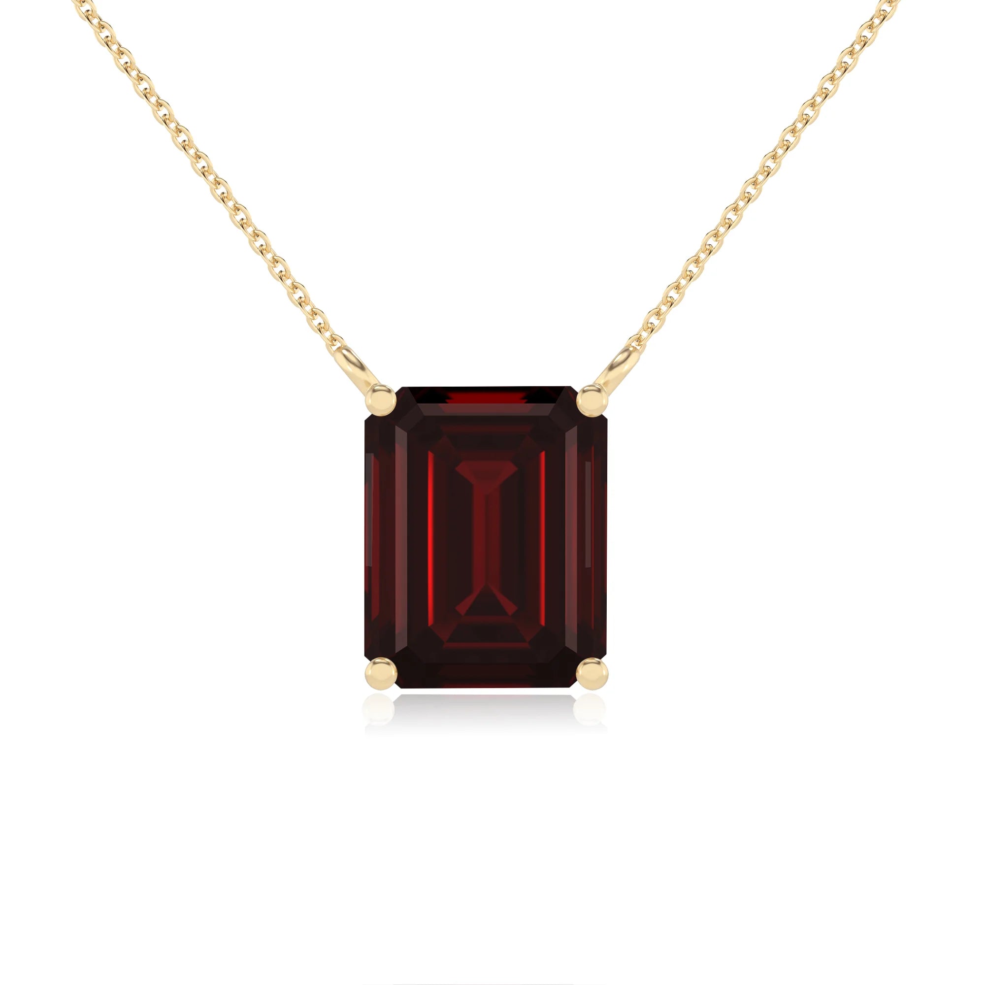 natural garnet emerald cut solitaire necklaces in yellow gold