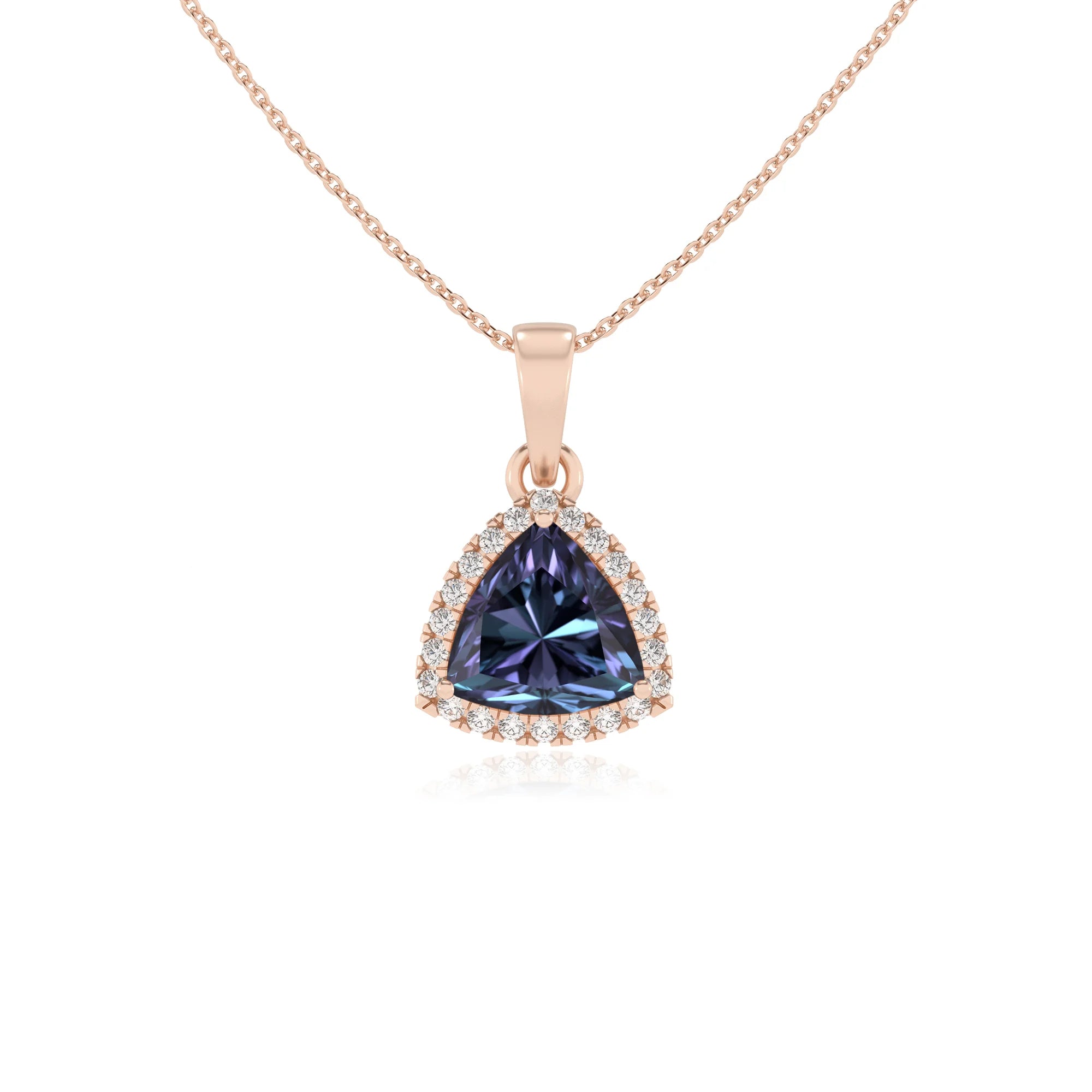 lab grown alexandrite trillion solitaire necklaces in rose gold