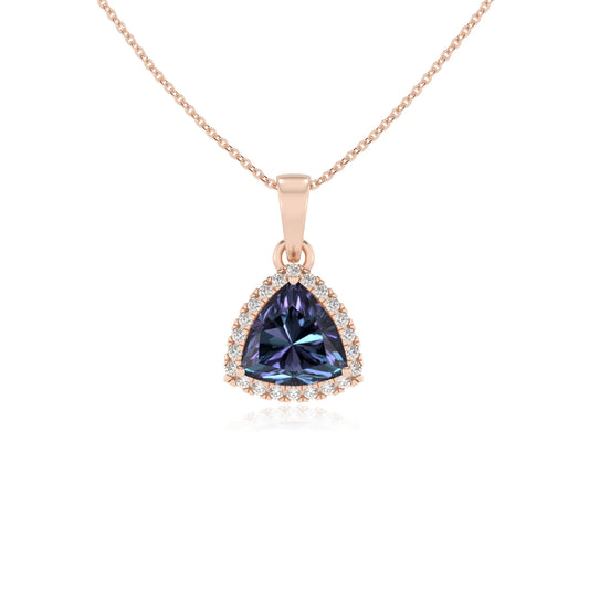 lab grown alexandrite trillion solitaire necklaces in rose gold