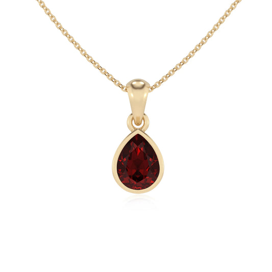 natural garnet pear solitaire necklaces in yellow gold