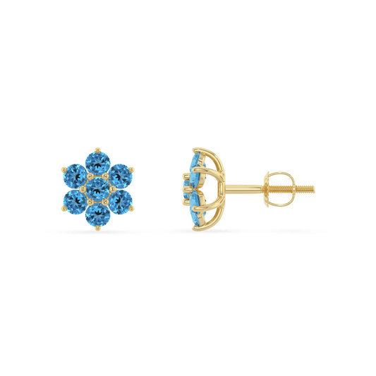 natural swiss blue topaz round stud earrings in yellow gold