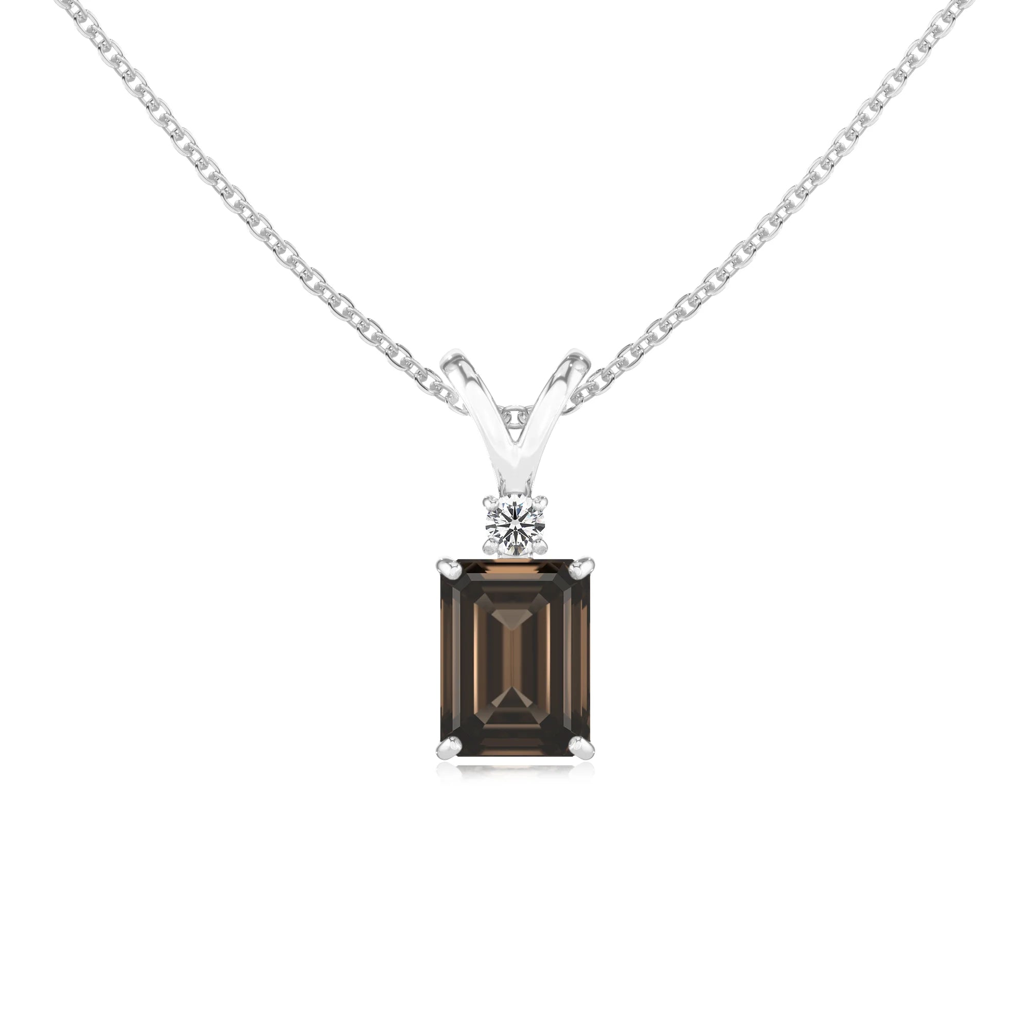 natural smoky-quartz emerald cut solitaire v-bale necklaces in white gold