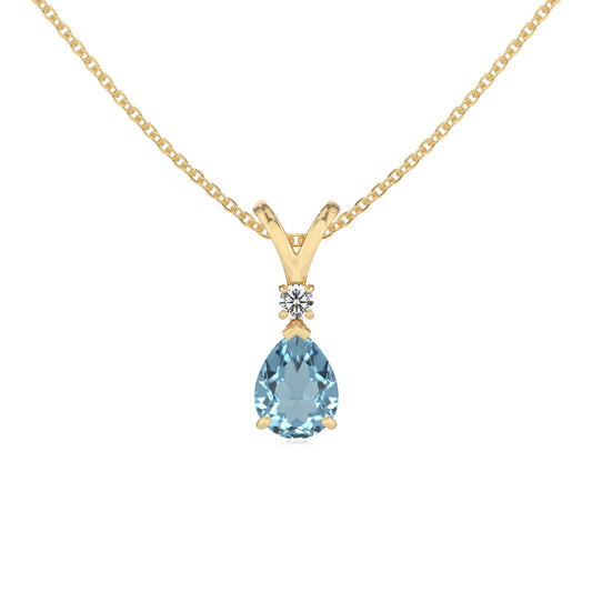 lab grown aquamarine pear solitaire v-bale necklaces in yellow gold