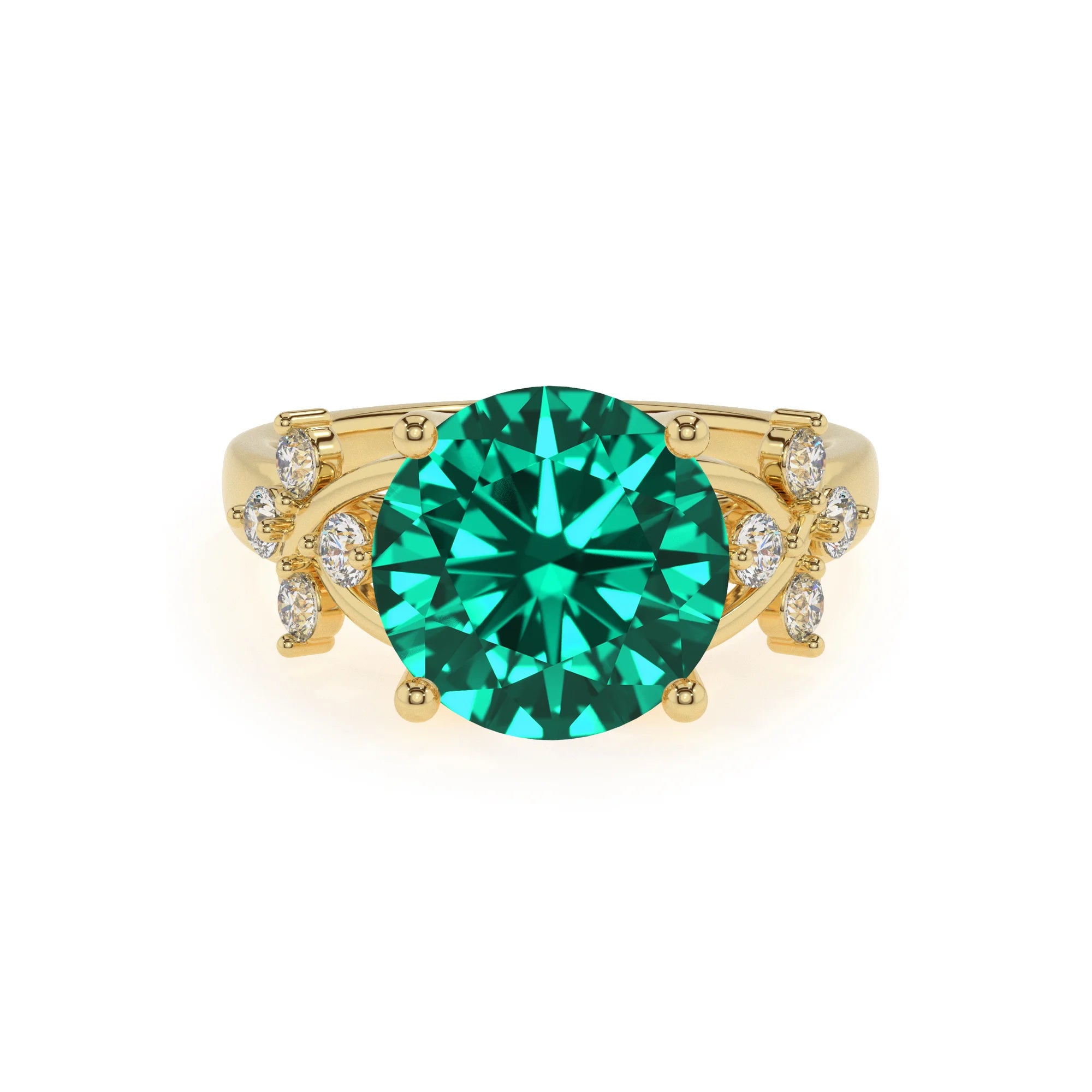 lab grown emerald round solitaire rings in yellow gold