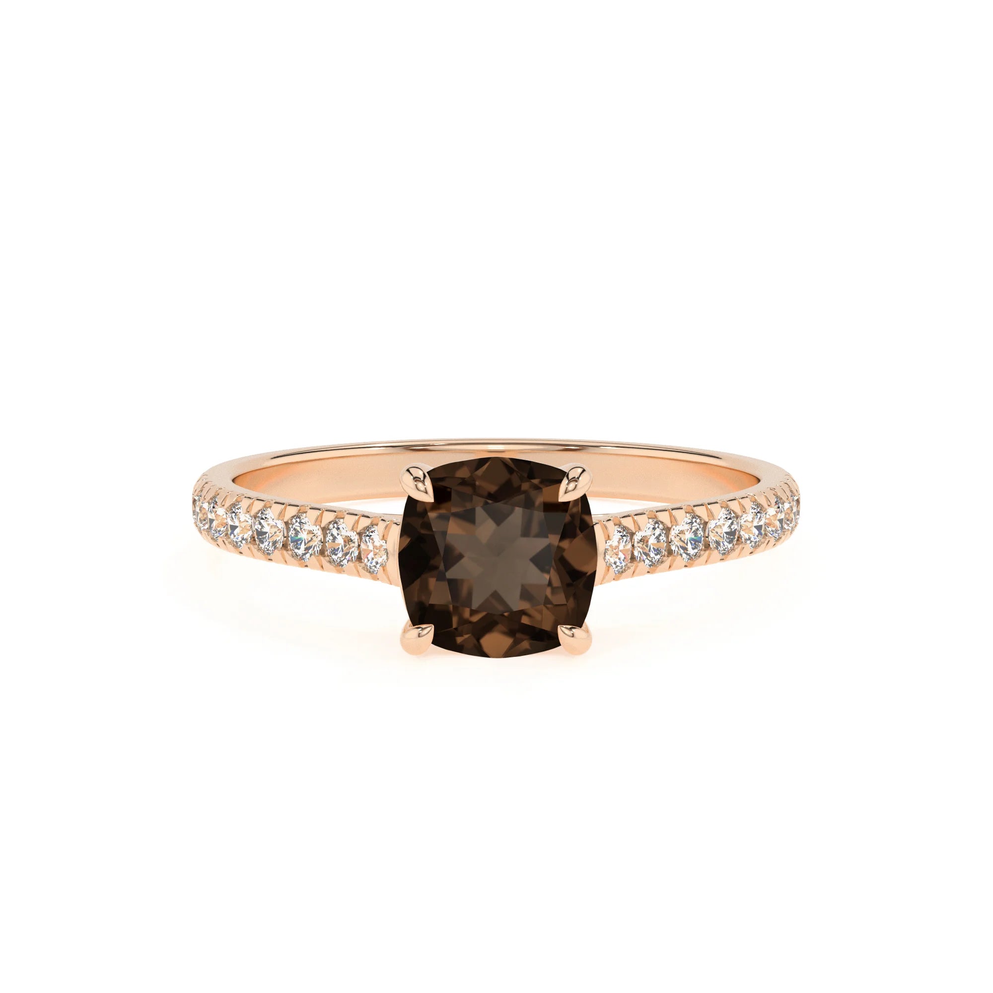 natural smoky-quartz cushion half eternity solitaire engagement rings in rose gold