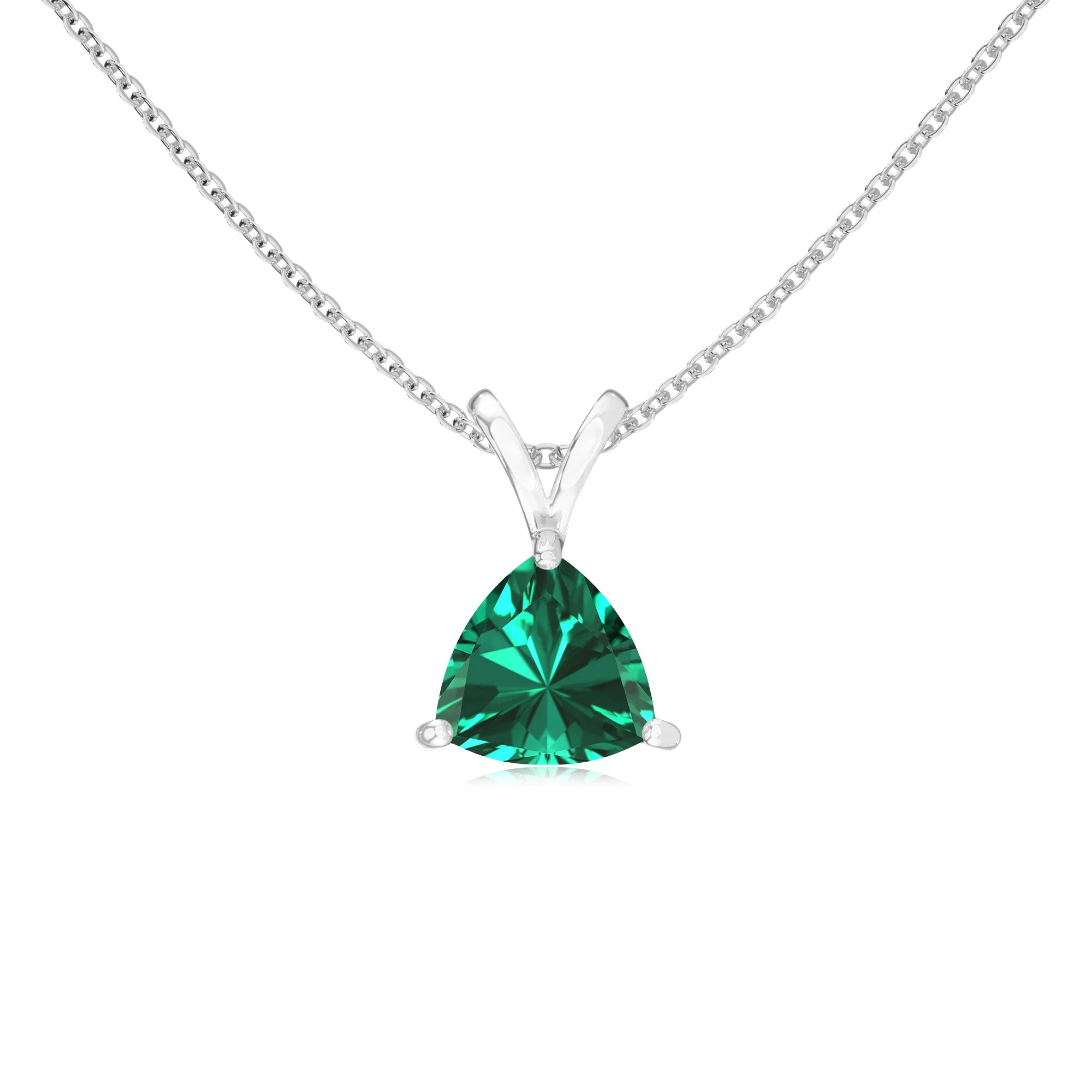 lab grown emerald trillion solitaire v-bale necklaces in sterling silver