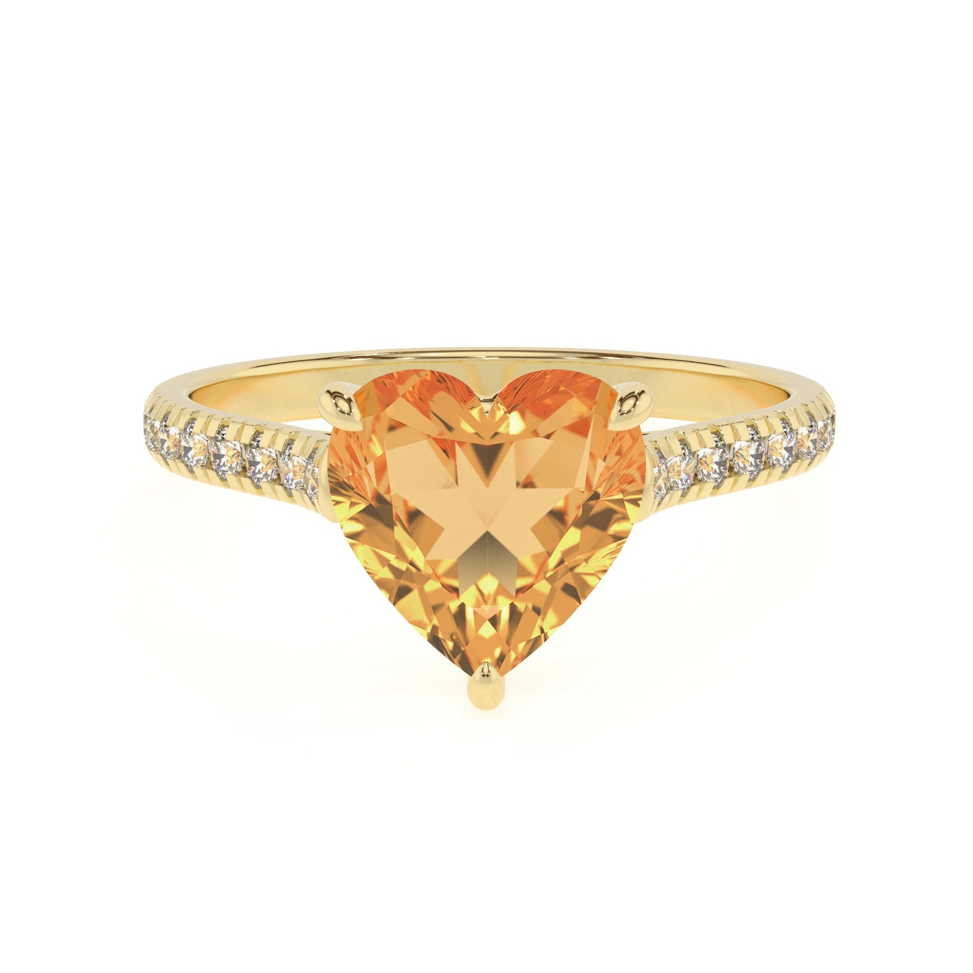 lab grown citrine heart half eternity solitaire engagement rings in yellow gold