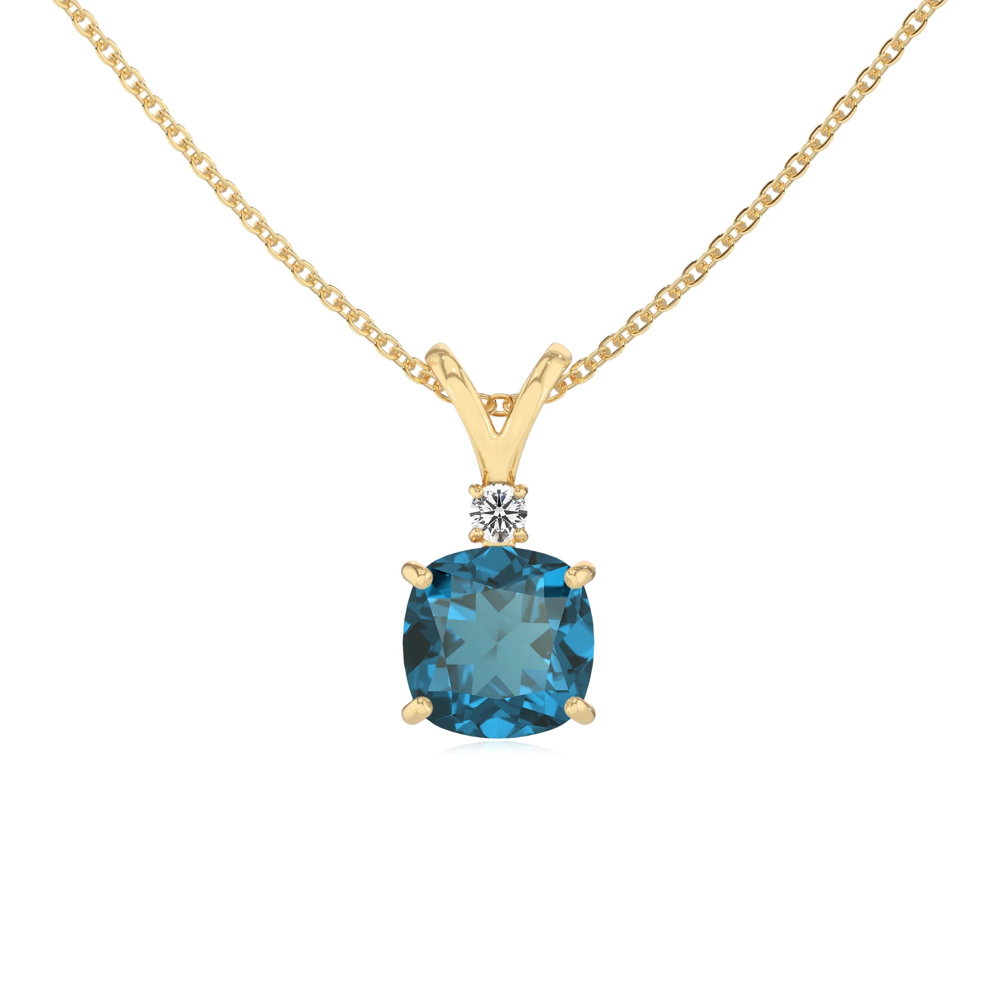 natural london-blue-topaz cushion solitaire v-bale necklaces in yellow gold
