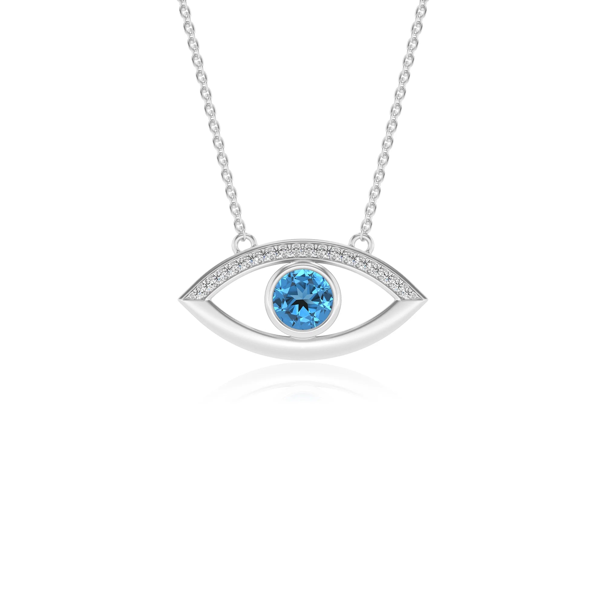 natural swiss-blue-topaz round solitaire necklaces in white gold