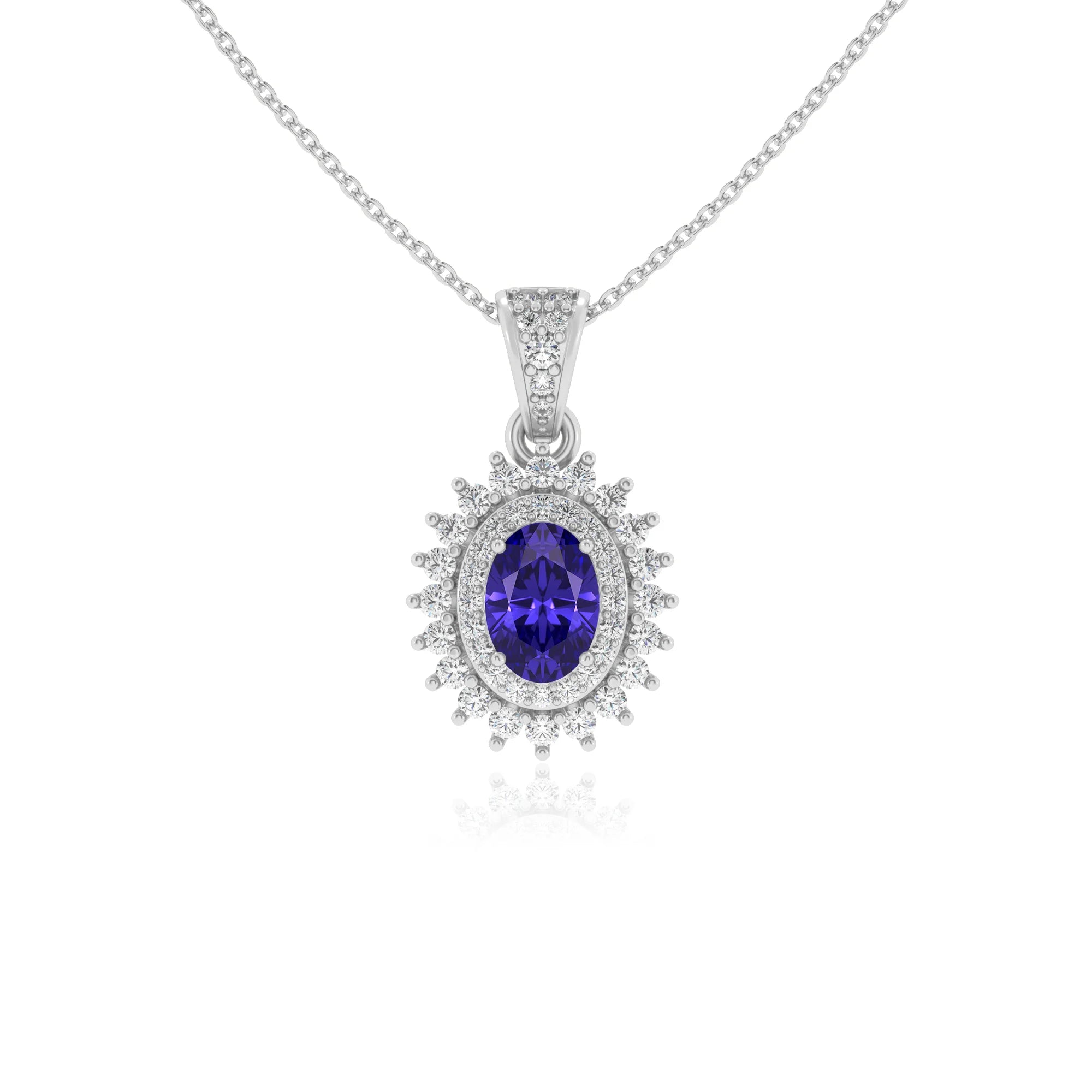 lab grown tanzanite oval halo necklaces in white gold