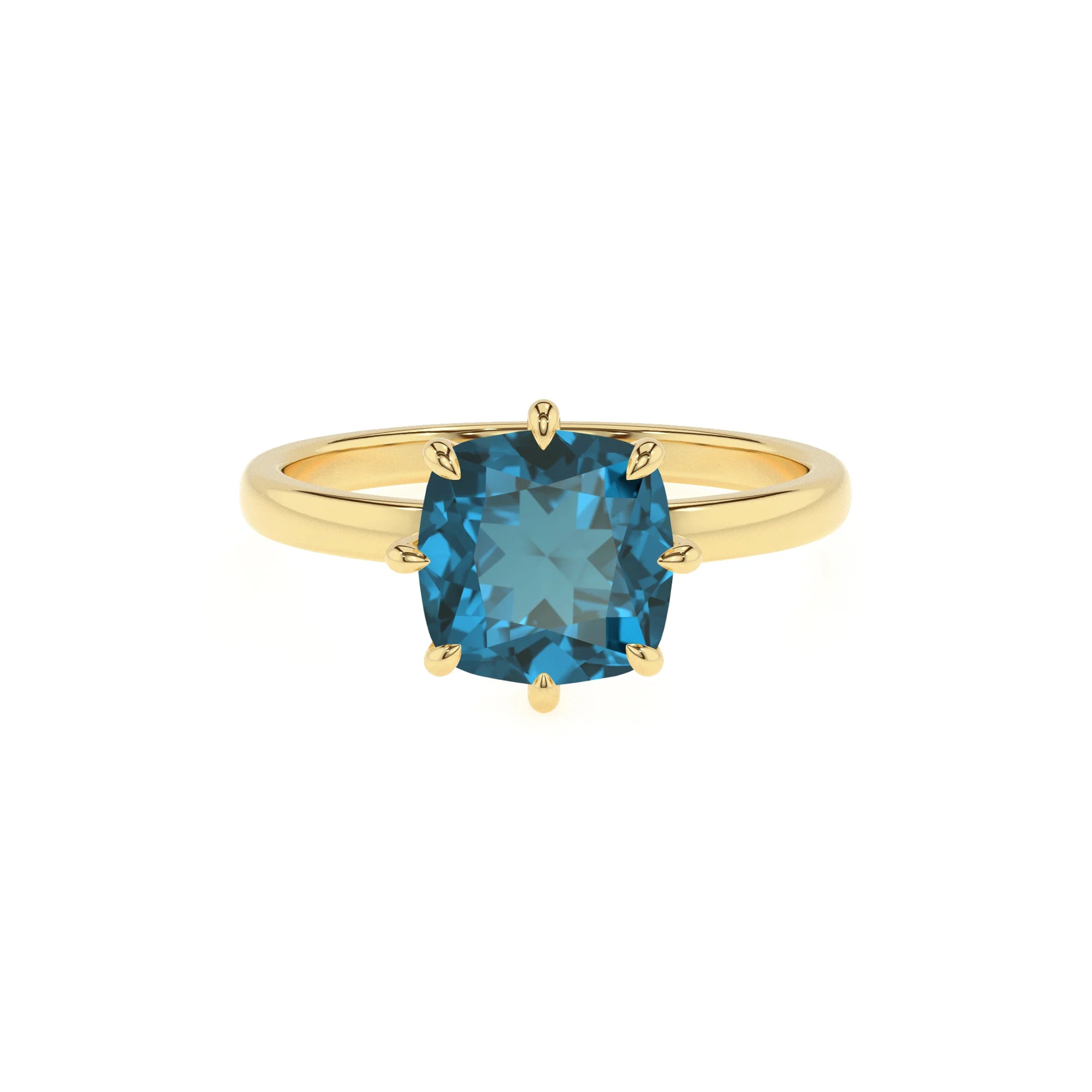 natural london-blue-topaz cushion solitaire rings in yellow gold