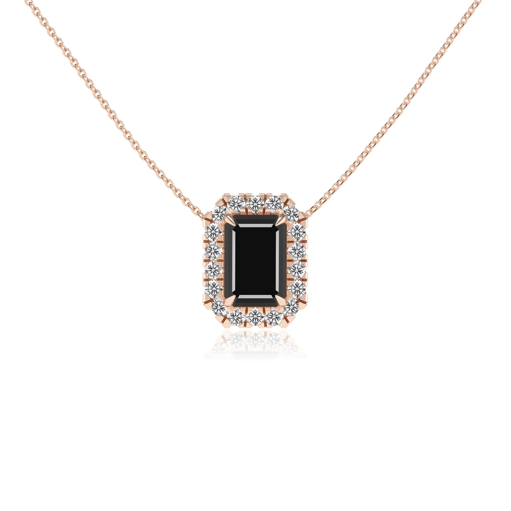 natural black onyx emerald cut solitaire necklaces in rose gold