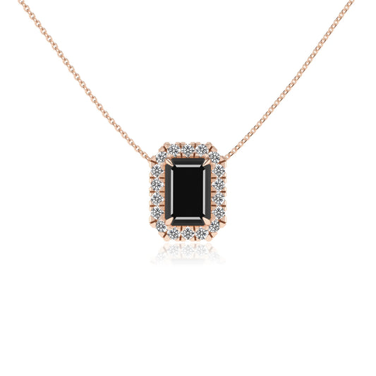 natural black onyx emerald cut solitaire necklaces in rose gold