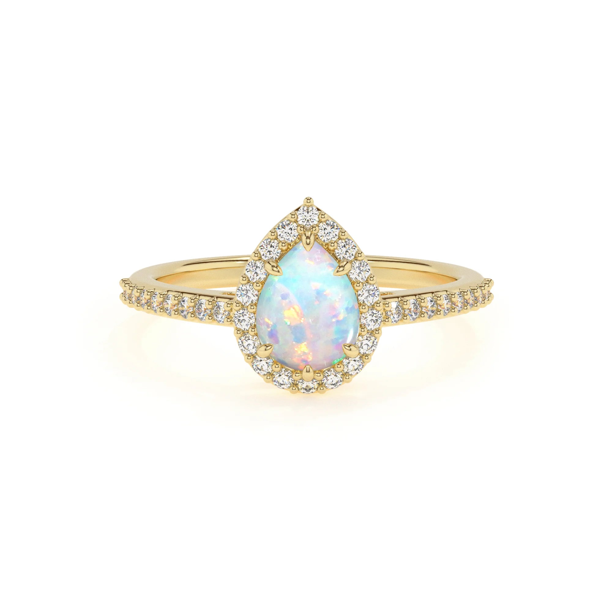 lab grown opal pear solitaire rings in yellow gold