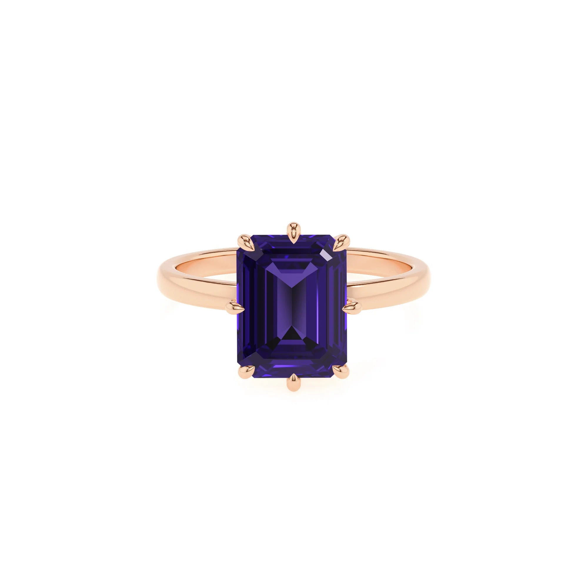 lab grown tanzanite emerald cut solitaire rings in rose gold