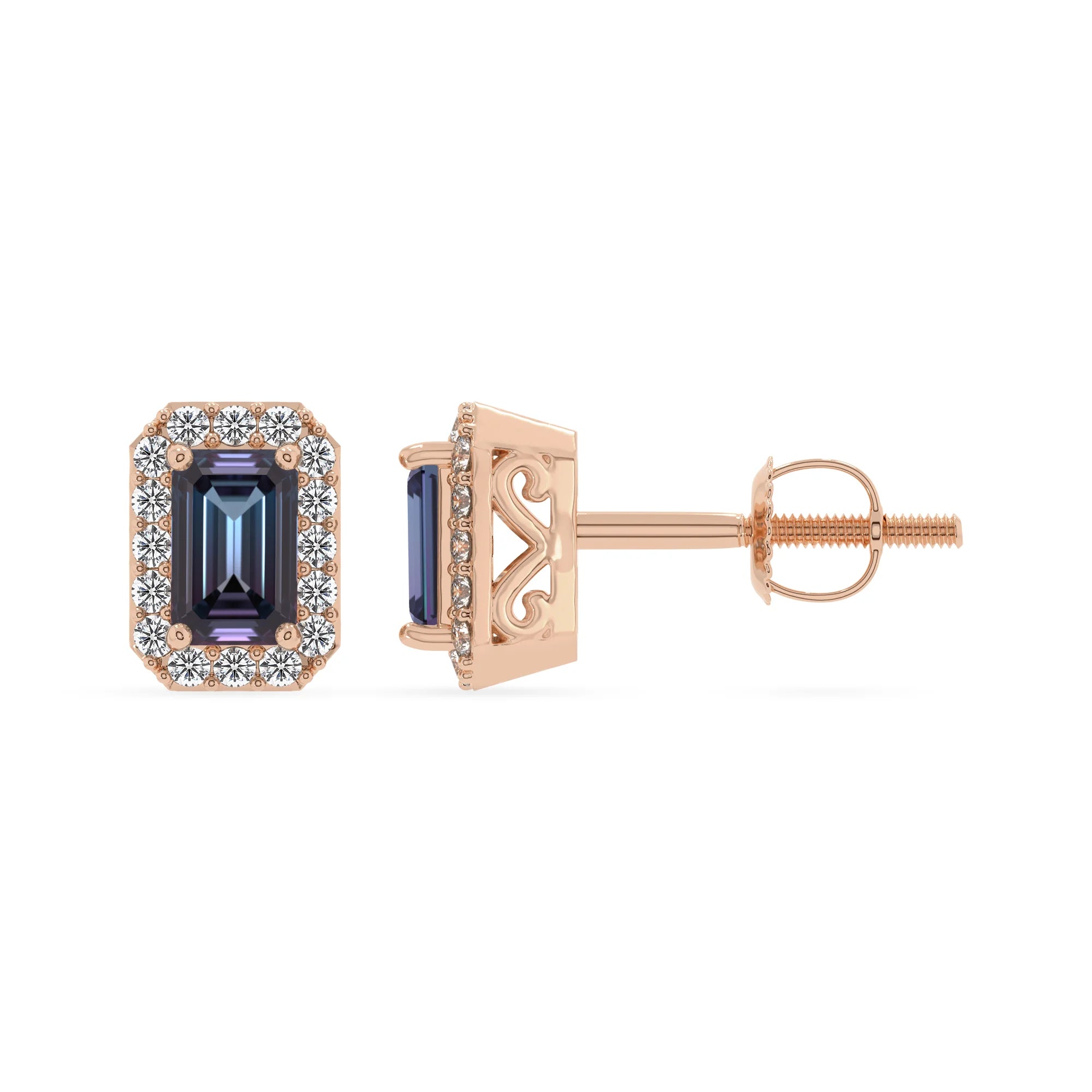 lab grown alexandrite emerald cut stud earrings in rose gold