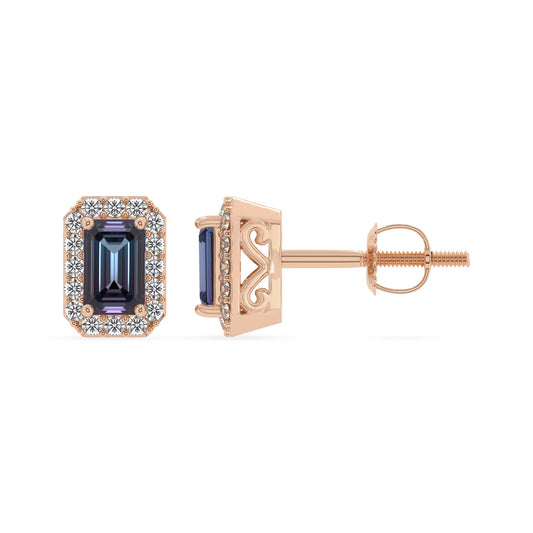 lab grown alexandrite emerald cut stud earrings in rose gold