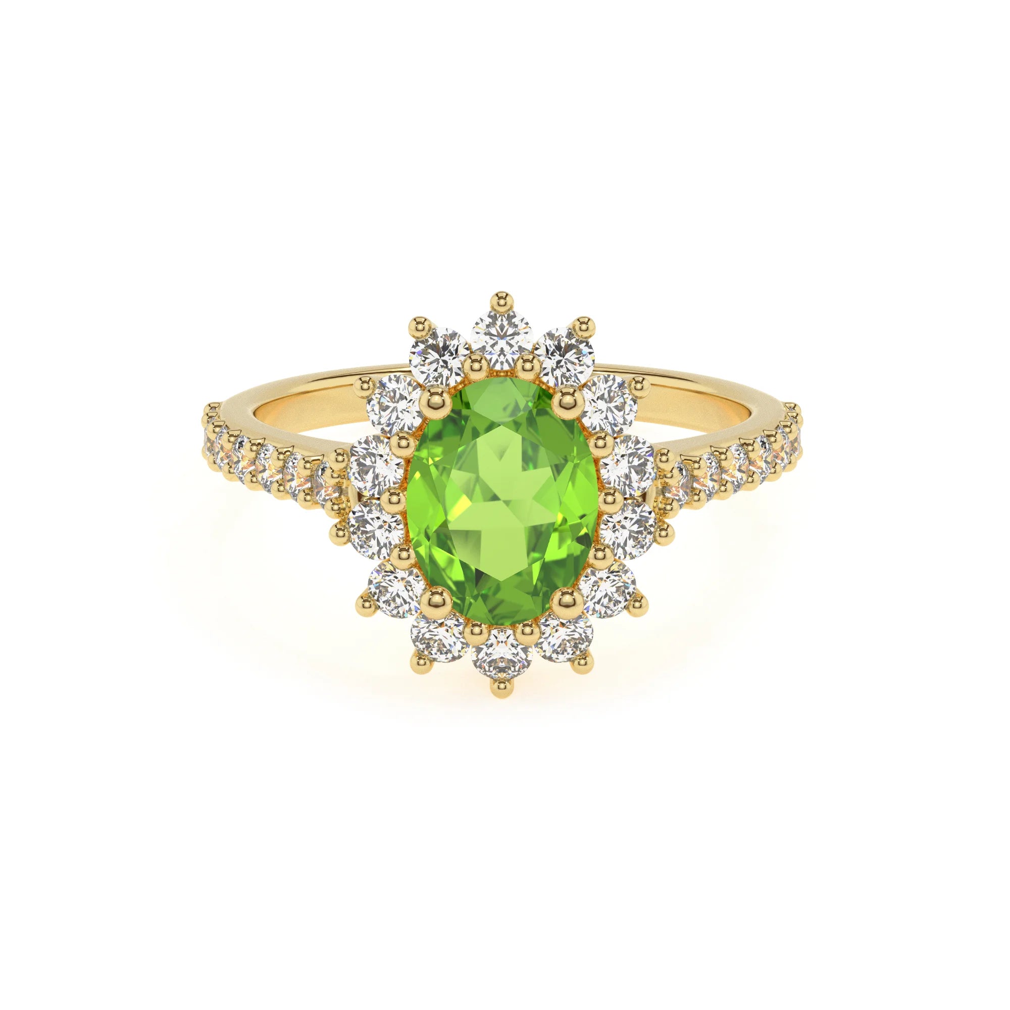 natural peridot oval solitaire rings in yellow gold