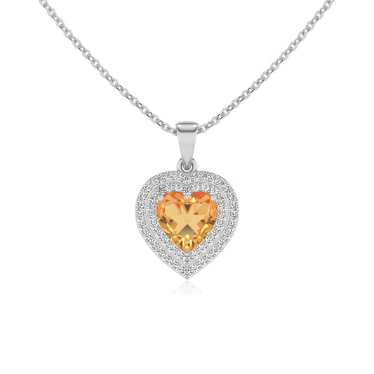lab grown citrine heart halo necklaces in sterling silver