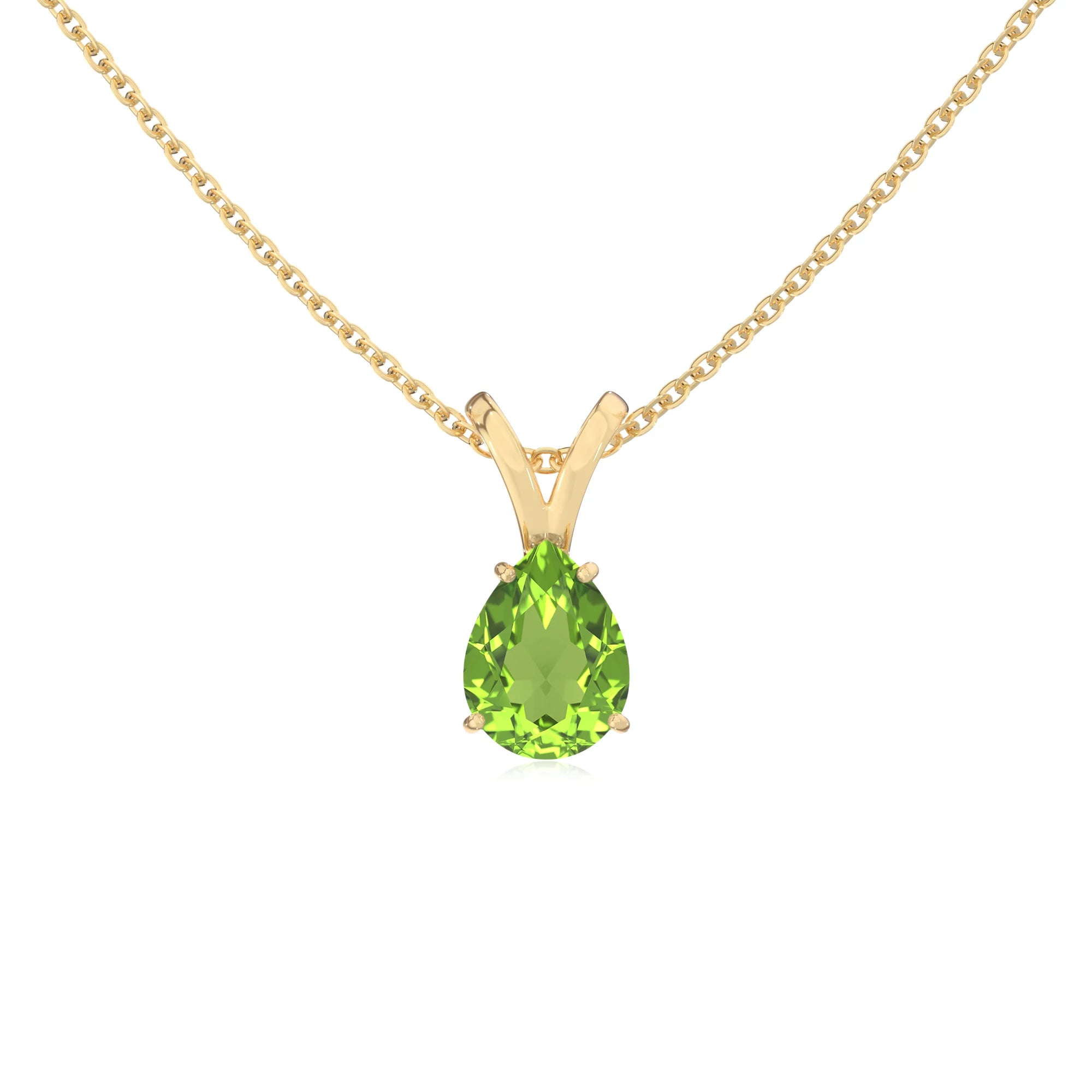 natural peridot pear solitaire v-bale necklaces in yellow gold