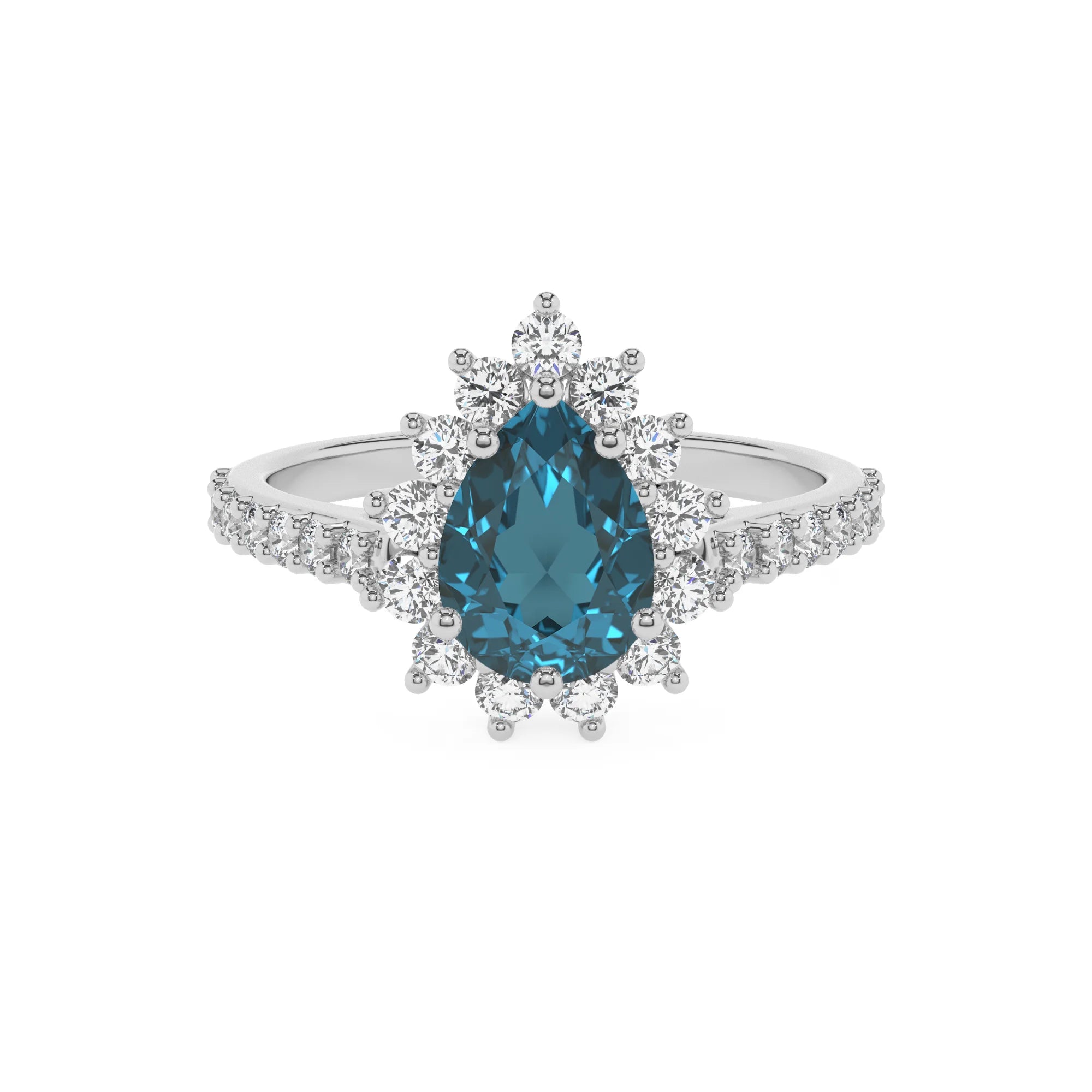 natural london-blue-topaz pear solitaire rings in platinum