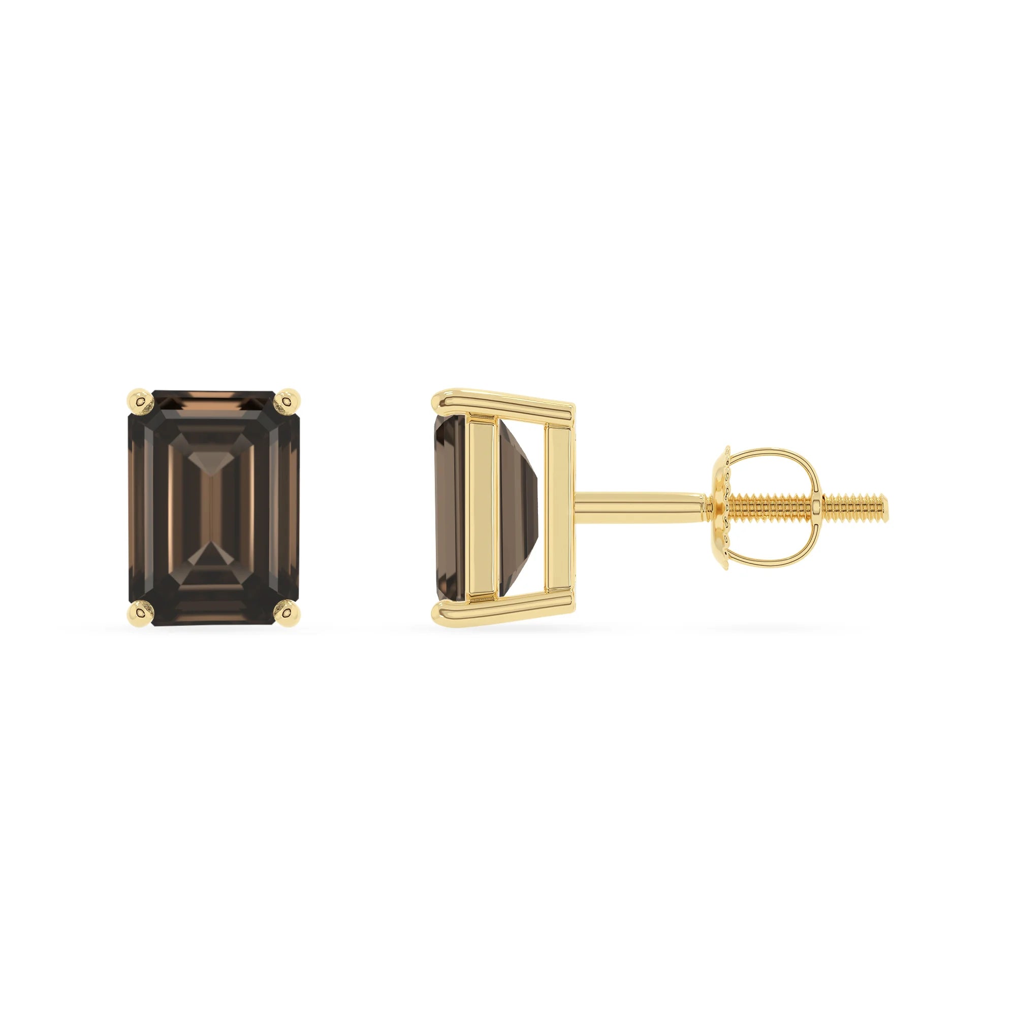 natural smoky quartz emerald cut stud earrings in yellow gold