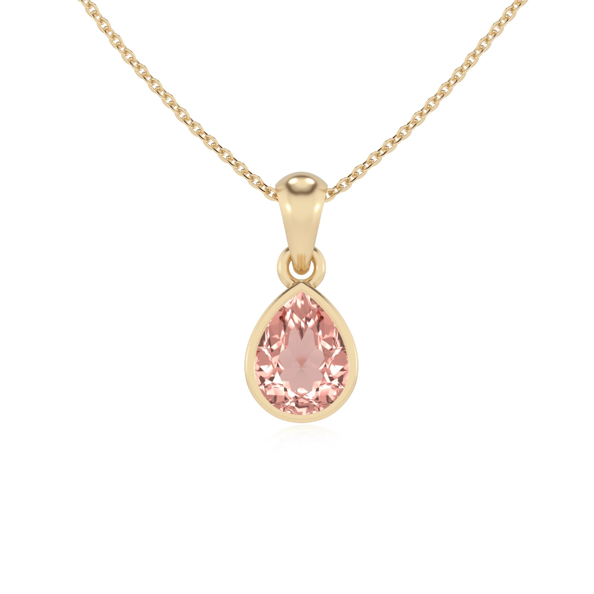 lab grown morganite pear solitaire necklaces in yellow gold