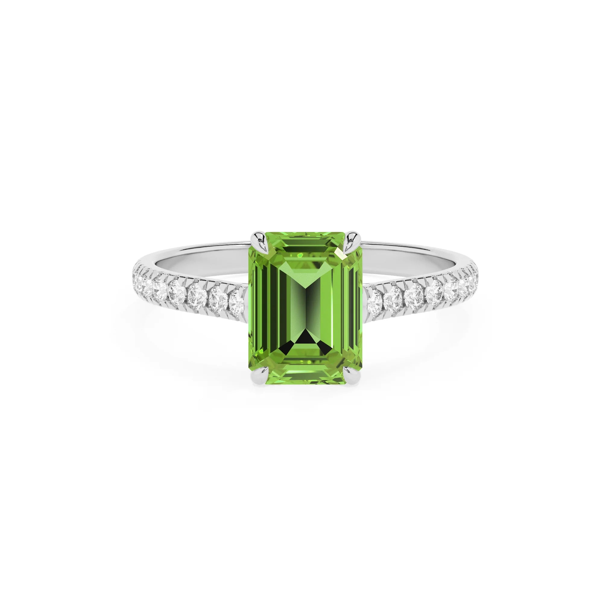 natural peridot emerald cut half eternity solitaire engagement rings in sterling silver