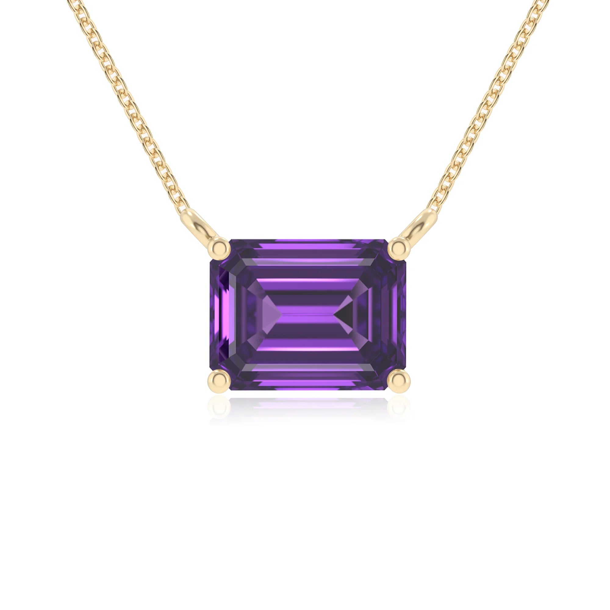lab grown amethyst emerald cut solitaire necklaces in yellow gold
