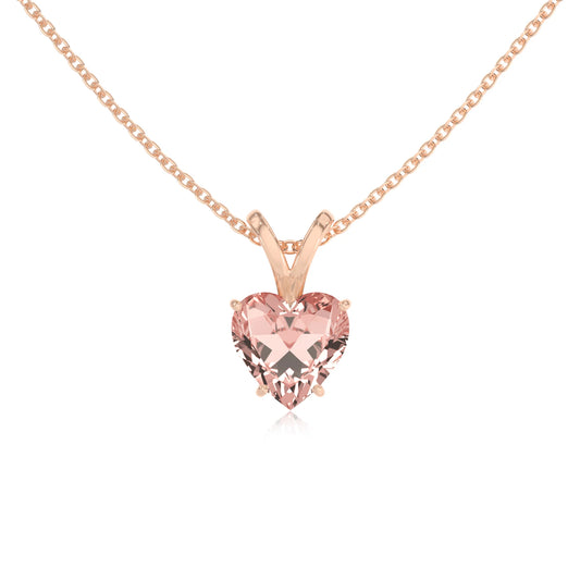 lab grown morganite heart solitaire v-bale necklaces in rose gold