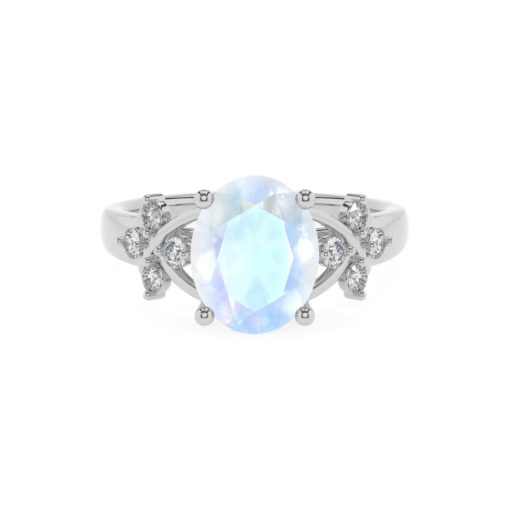 natural rainbow-moonstone oval solitaire rings in white gold