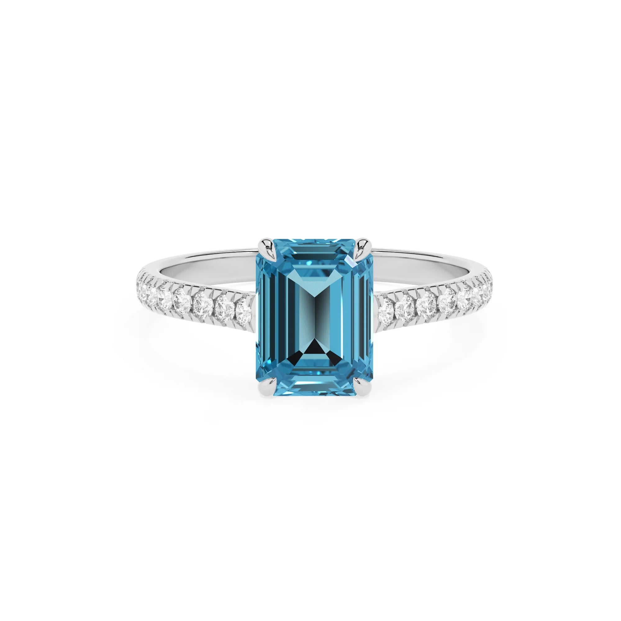 natural swiss-blue-topaz emerald cut half eternity solitaire engagement rings in sterling silver