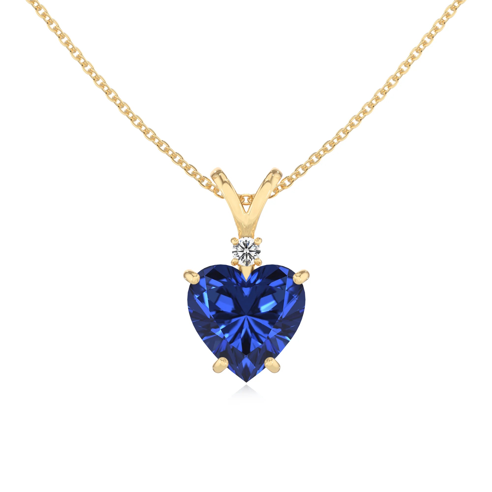 lab grown blue-sapphire heart solitaire v-bale necklaces in yellow gold