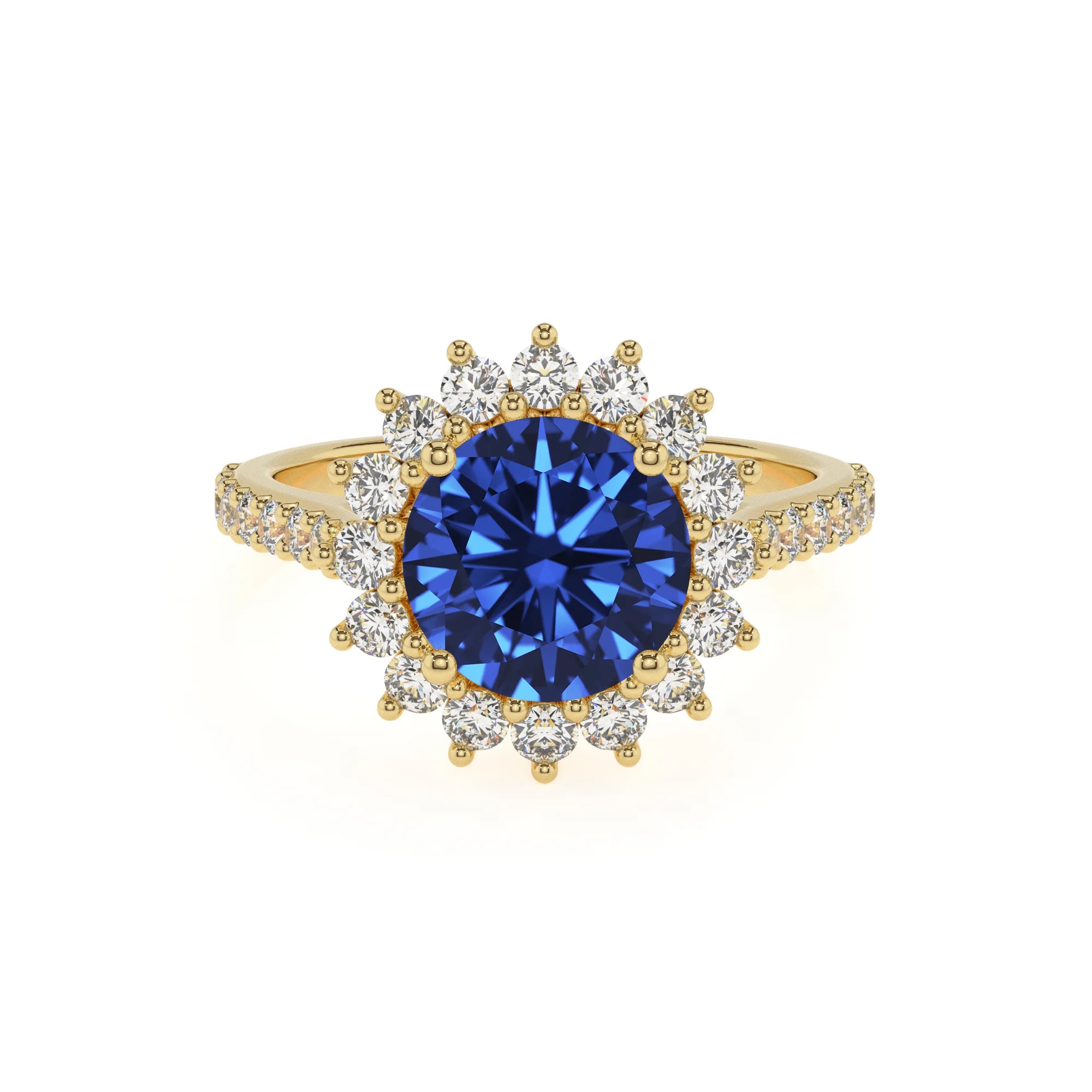 lab grown blue-sapphire round solitaire rings in yellow gold