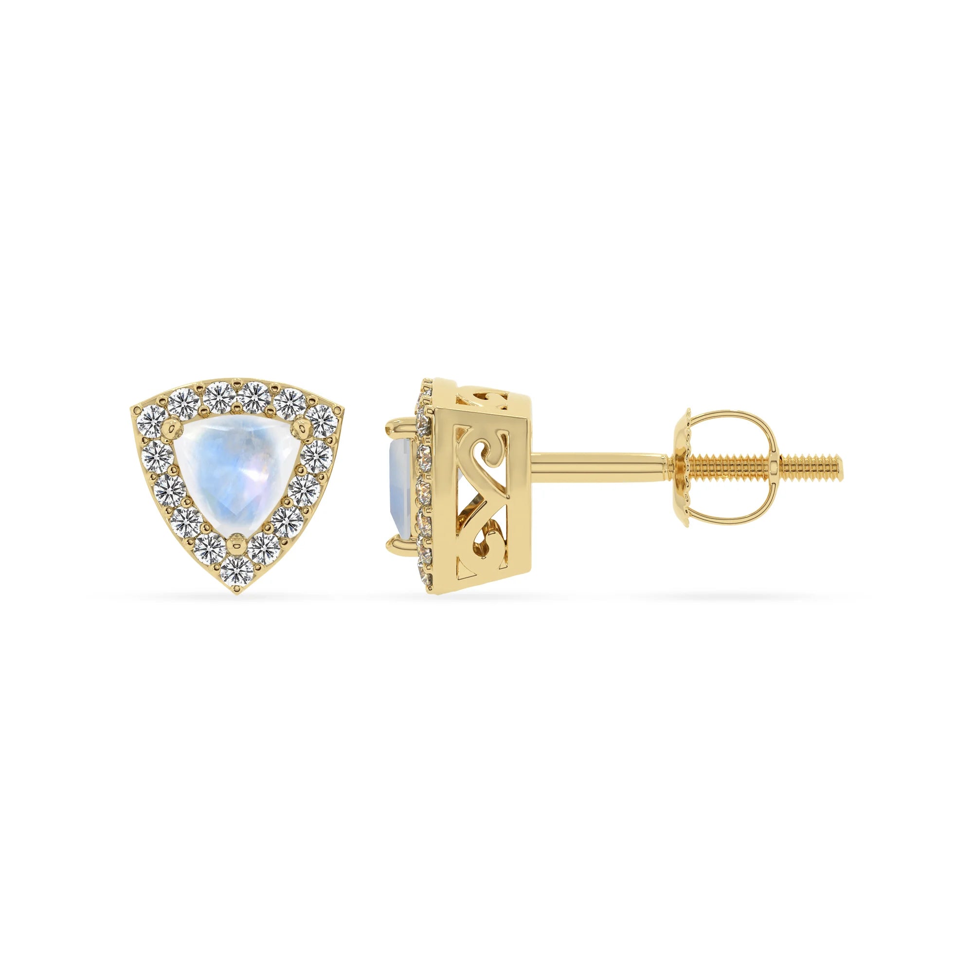 natural rainbow moonstone trillion stud earrings in yellow gold