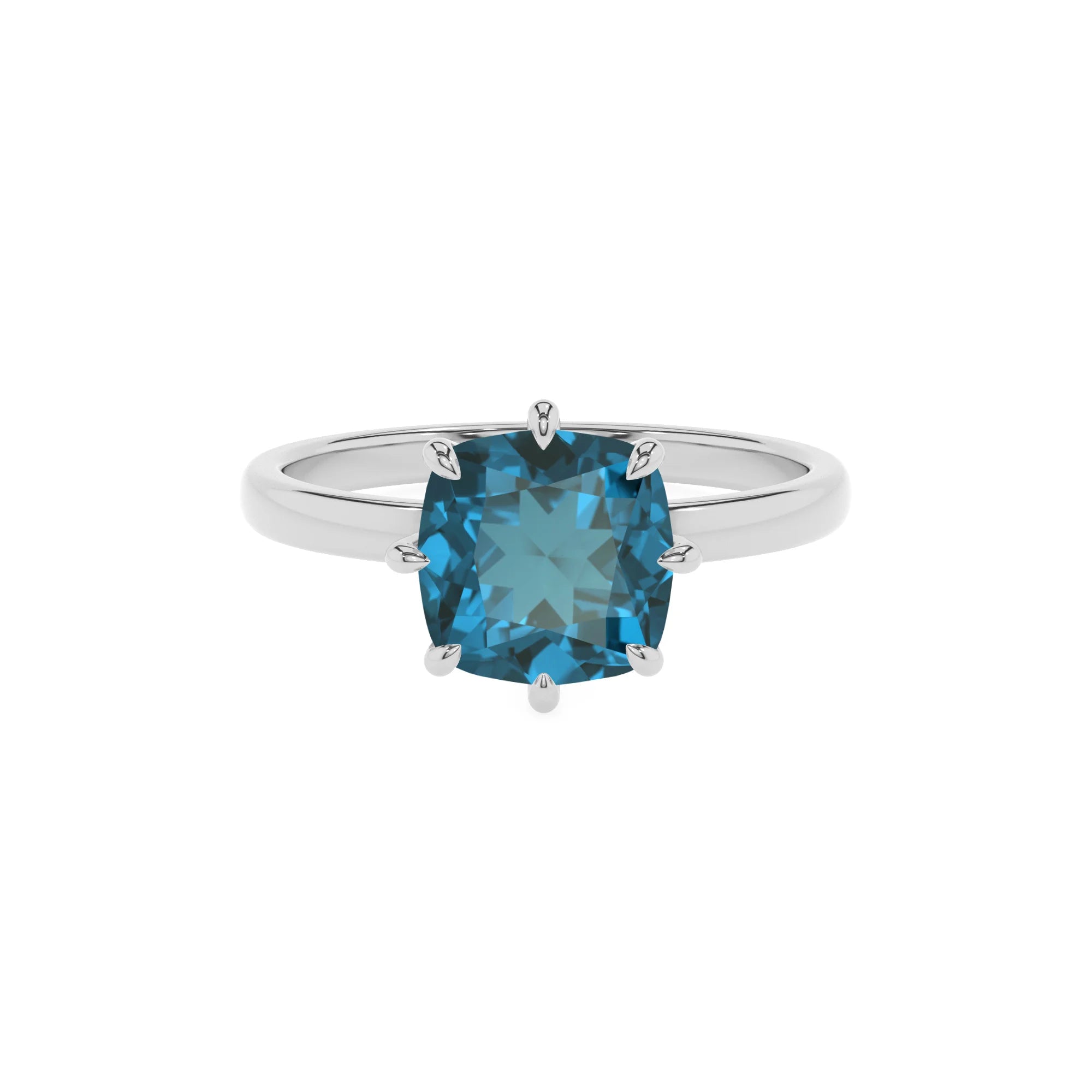natural london-blue-topaz cushion solitaire rings in platinum