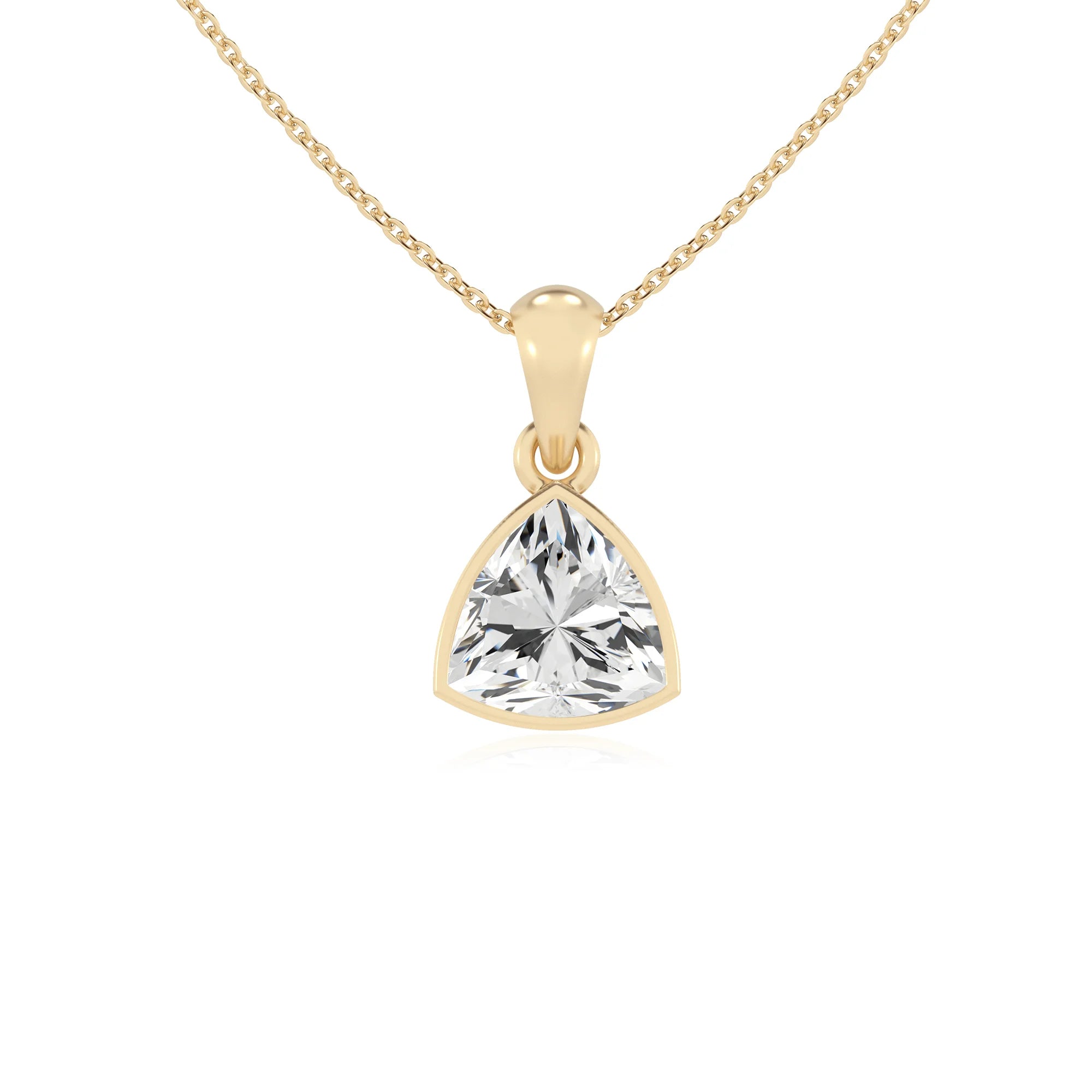 lab grown moissanite trillion solitaire necklaces in yellow gold